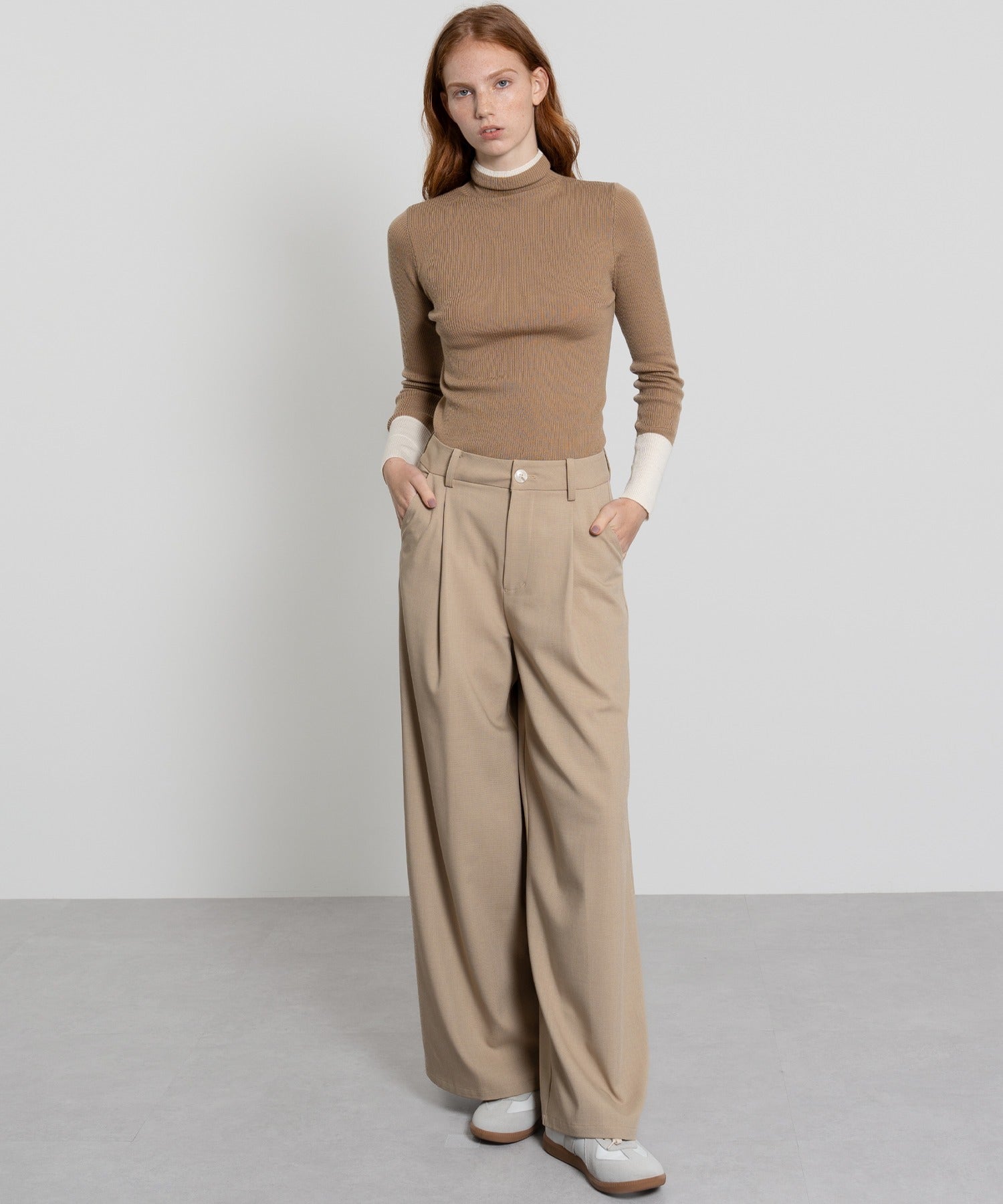 Color Block Rib Knit High Neck Wool Top