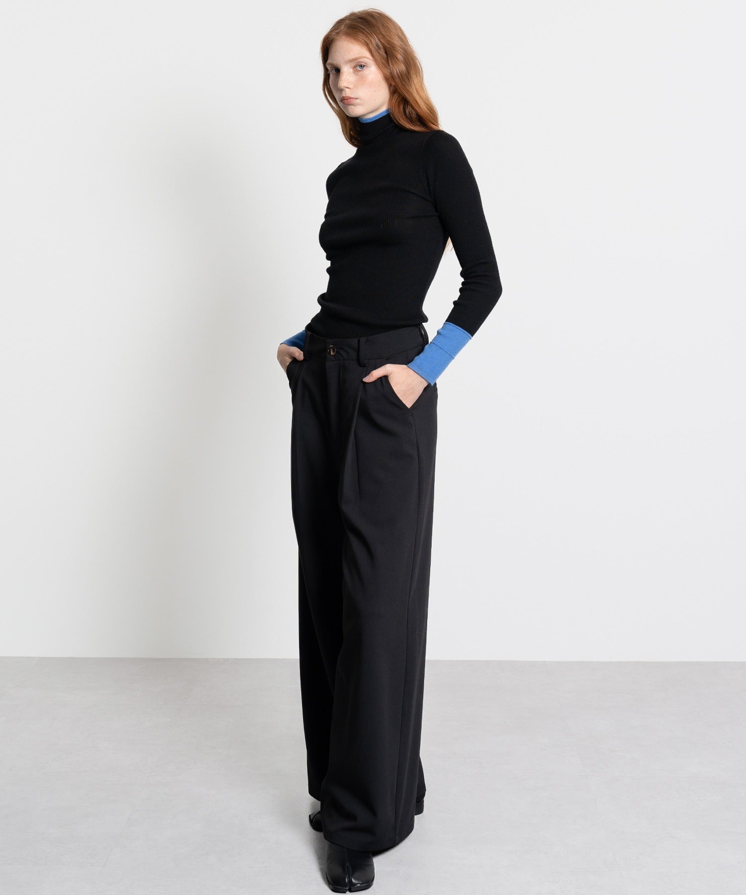 Color Block Rib Knit High Neck Wool Top