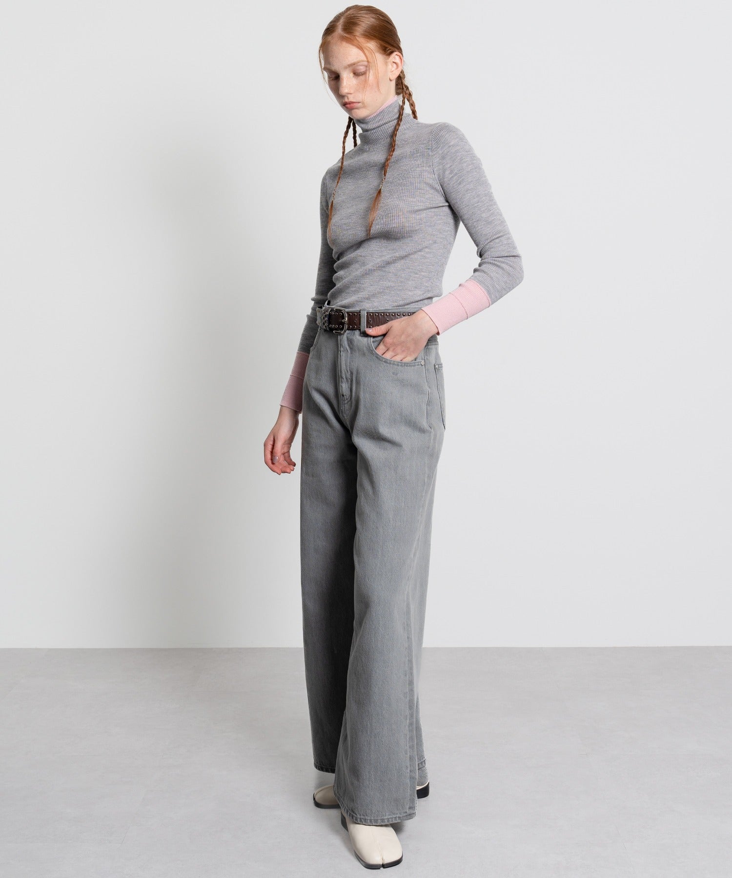 Color Block Rib Knit High Neck Wool Top