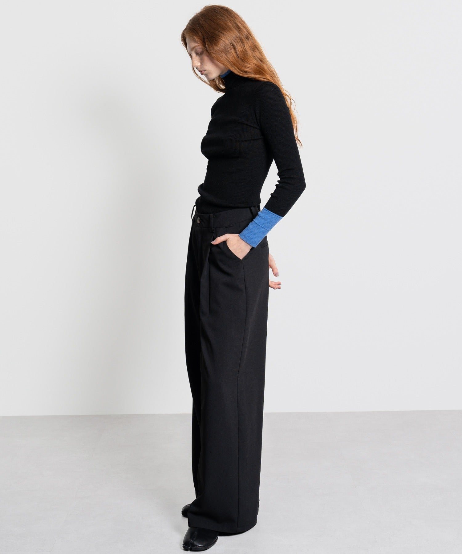 Color Block Rib Knit High Neck Wool Top