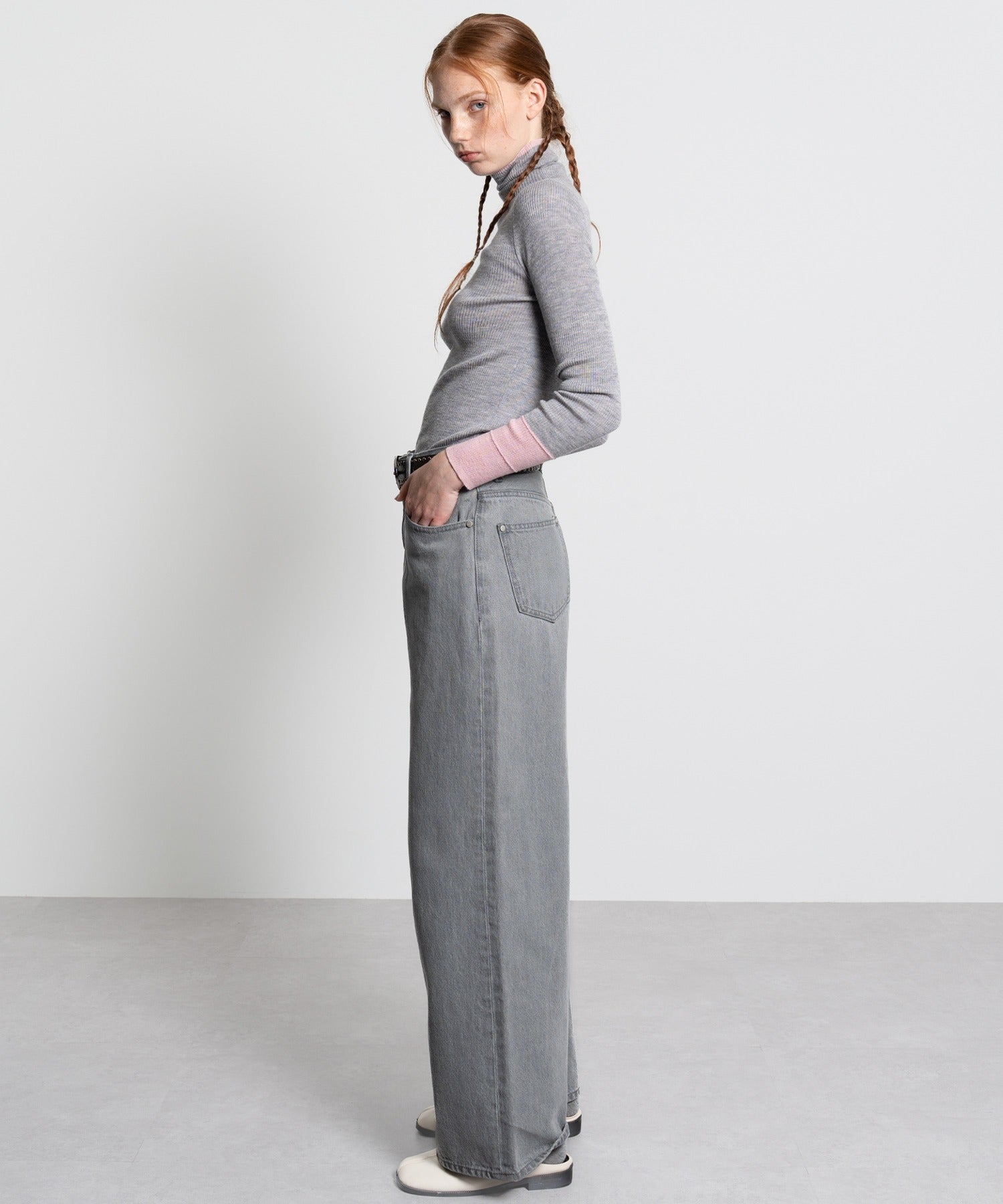 Color Block Rib Knit High Neck Wool Top