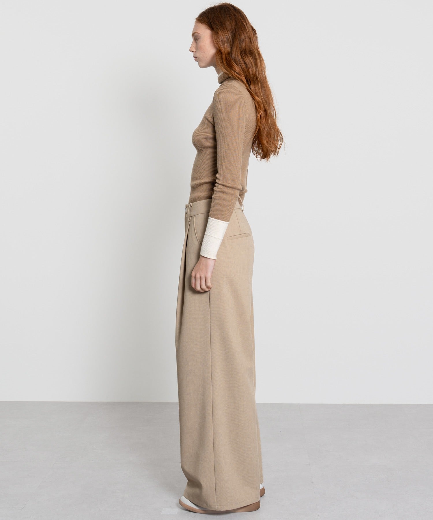 Color Block Rib Knit High Neck Wool Top