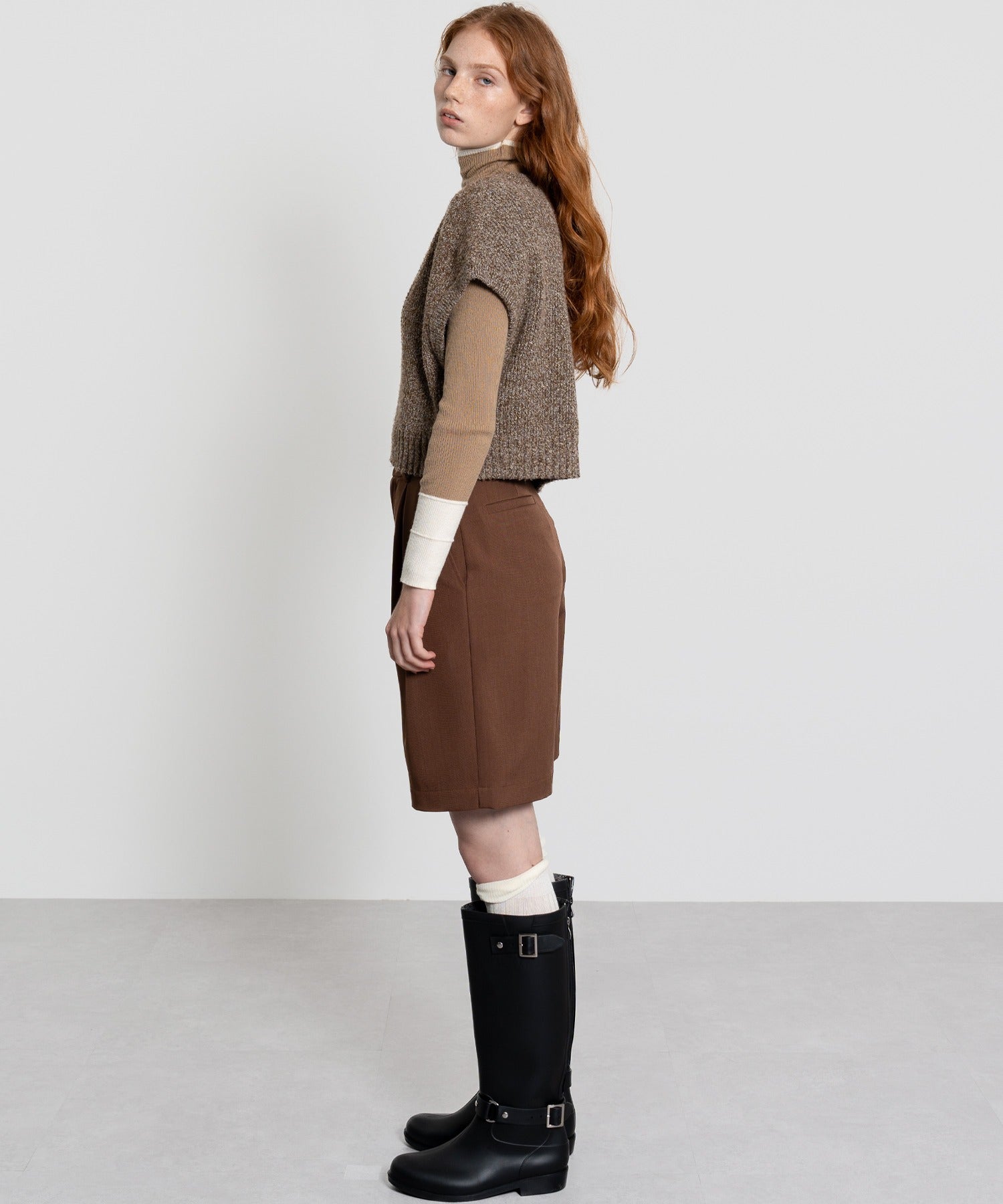 Color Block Rib Knit High Neck Wool Top