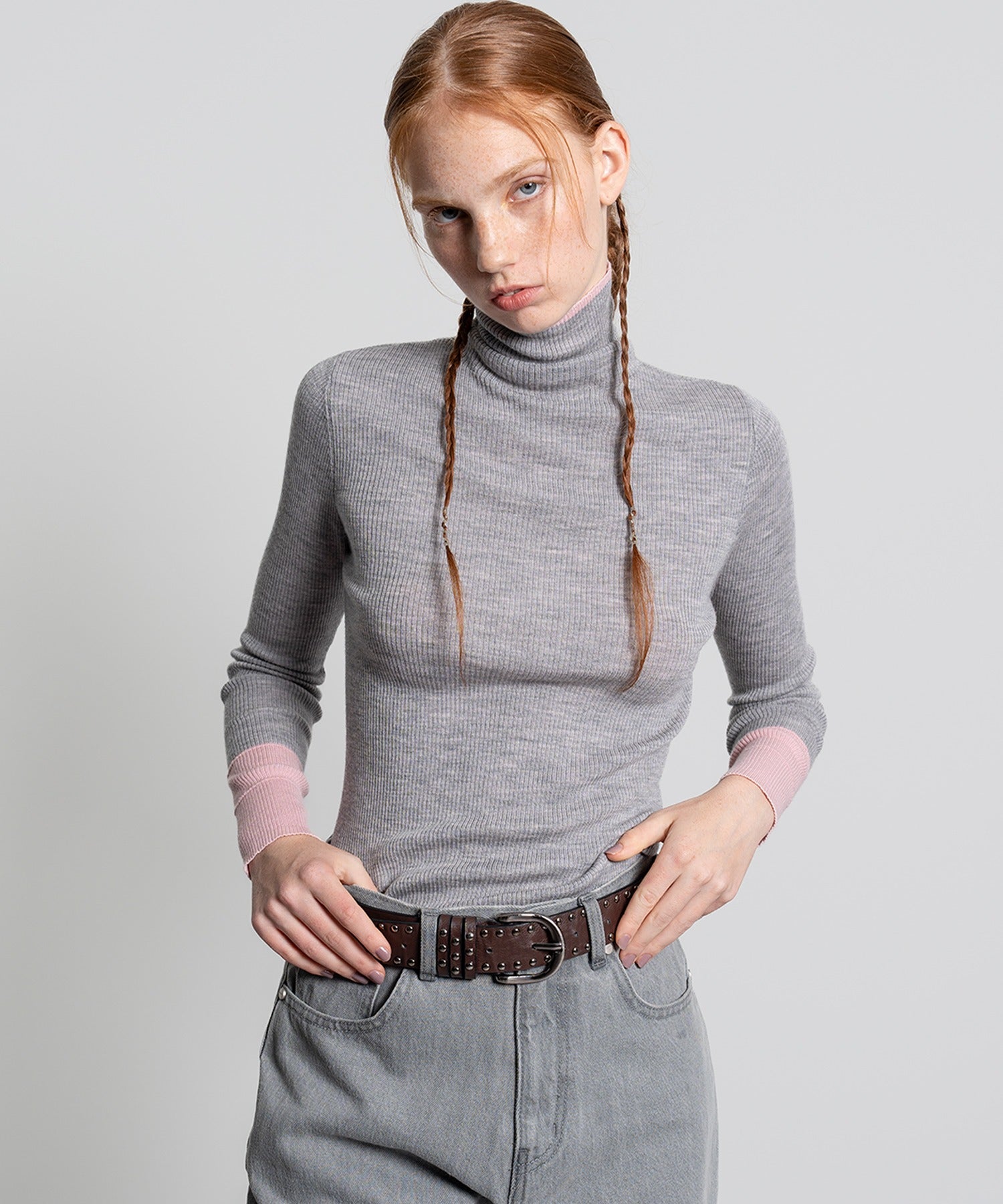 Color Block Rib Knit High Neck Wool Top