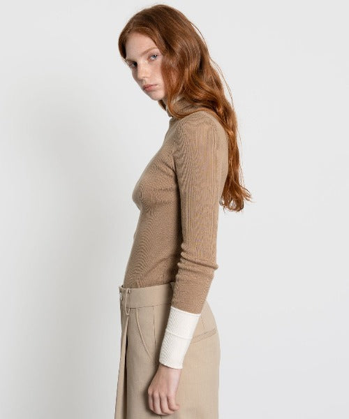 Color Block Rib Knit High Neck Wool Top