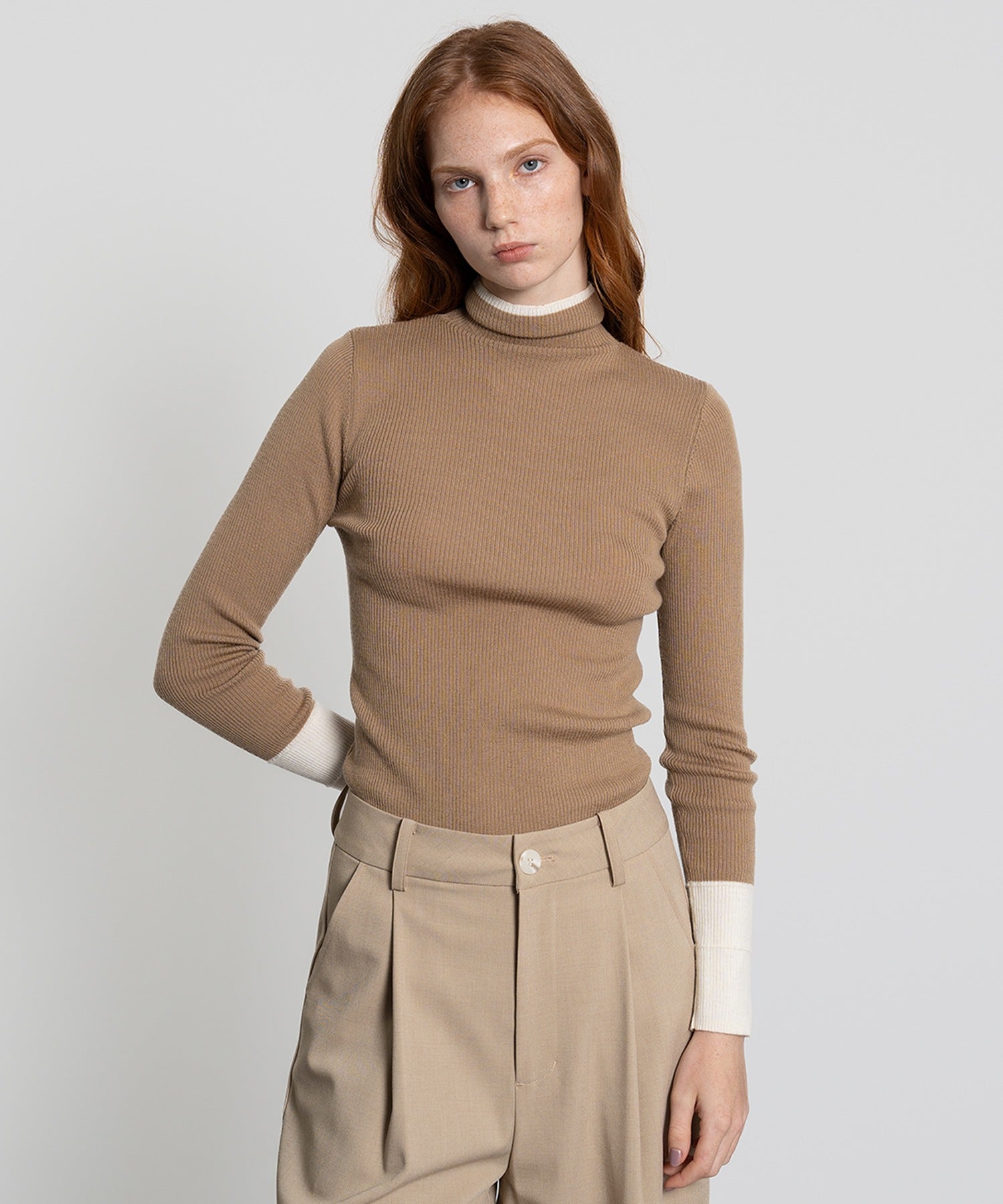 Color Block Rib Knit High Neck Wool Top