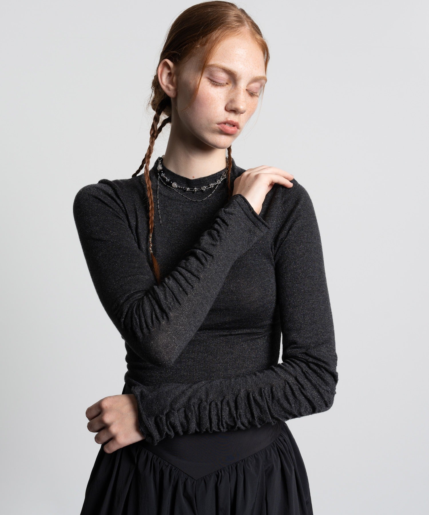 Gathered Sleeve Lurex Knit Top
