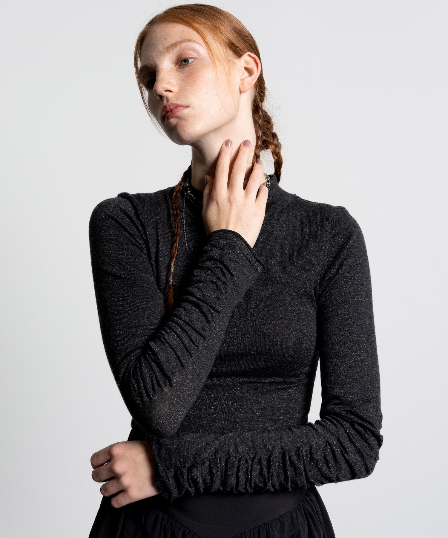 Gathered Sleeve Lurex Knit Top
