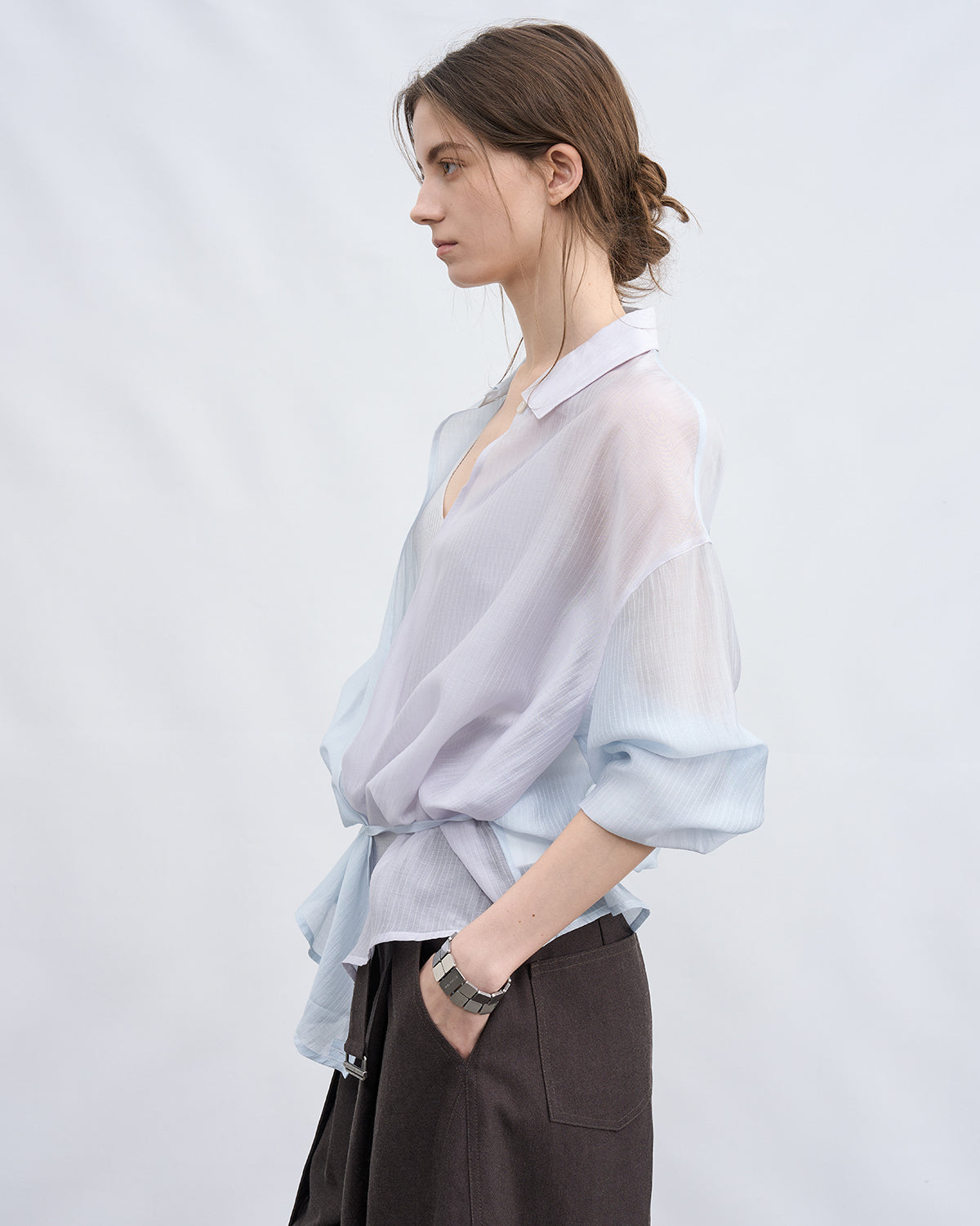 Bi-color Asymmetric Neck Sheer Shirt