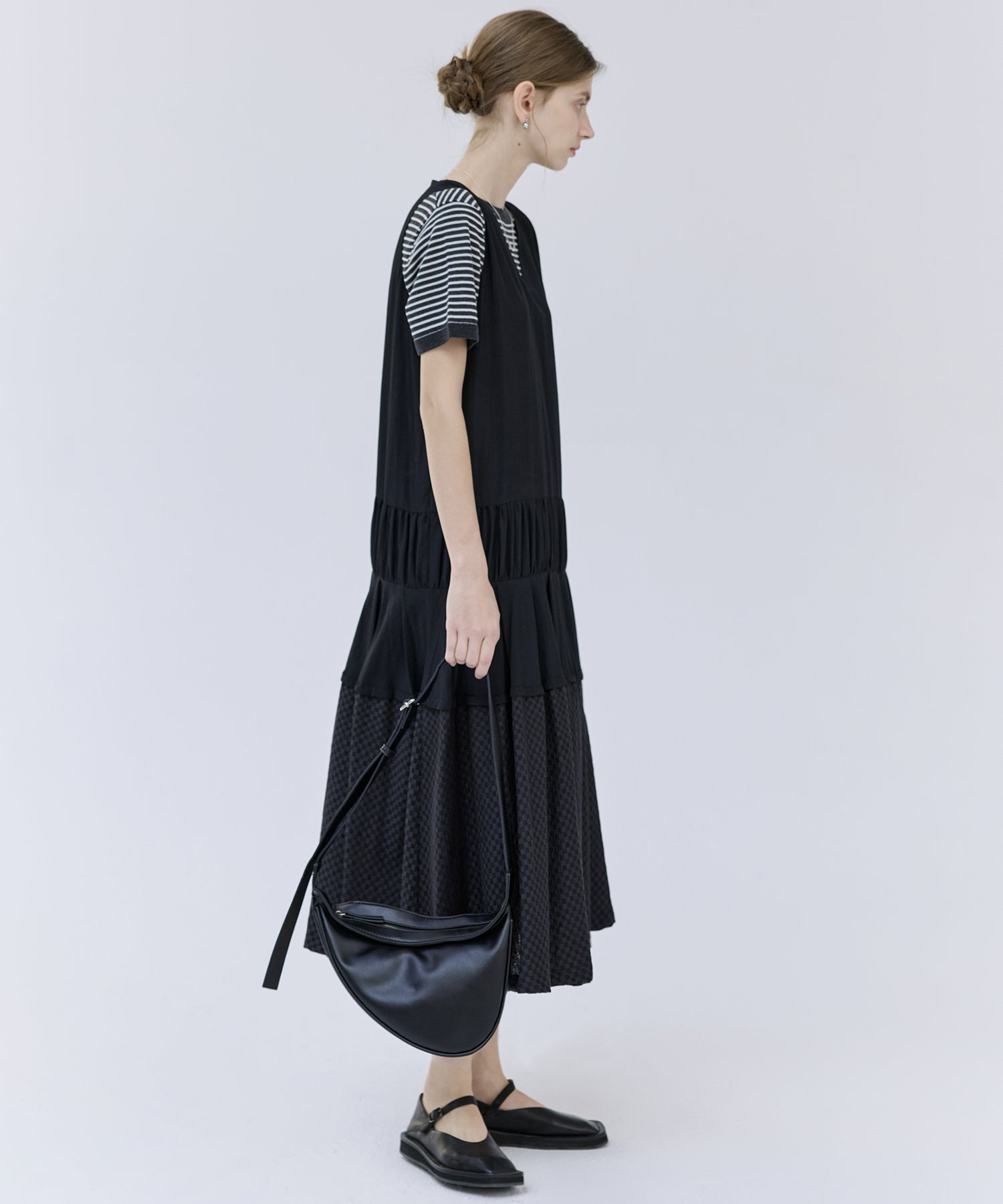 Mixed-Material Gathered V-Neck Flare Dress