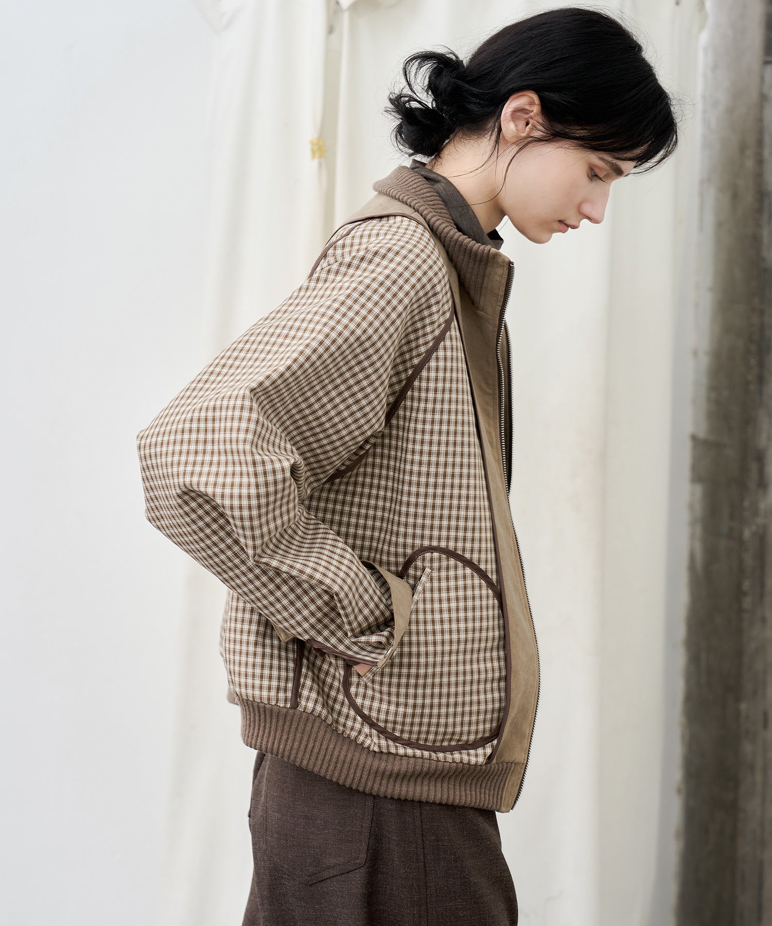 Reverse-Look Oversized Cropped Check Short Jacket