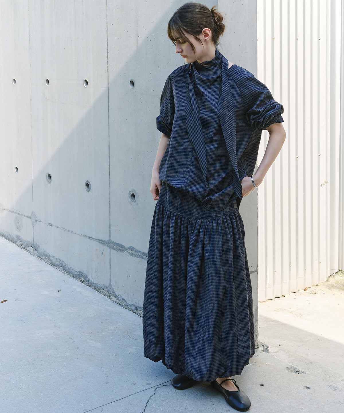 「9月下旬出荷予定」Vintage Check Balloon Long Skirt
