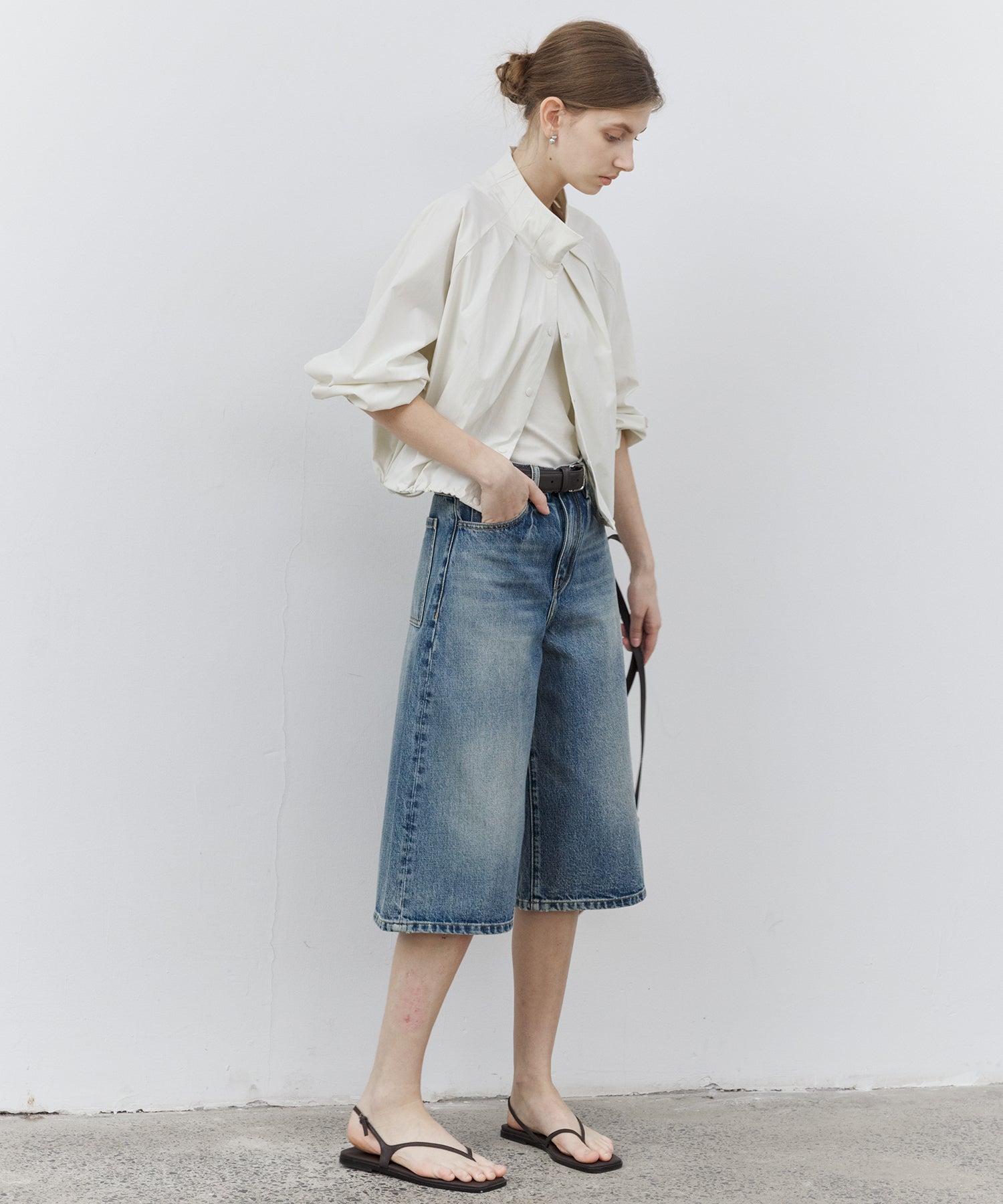 Washed Wide-Leg Denim Shorts