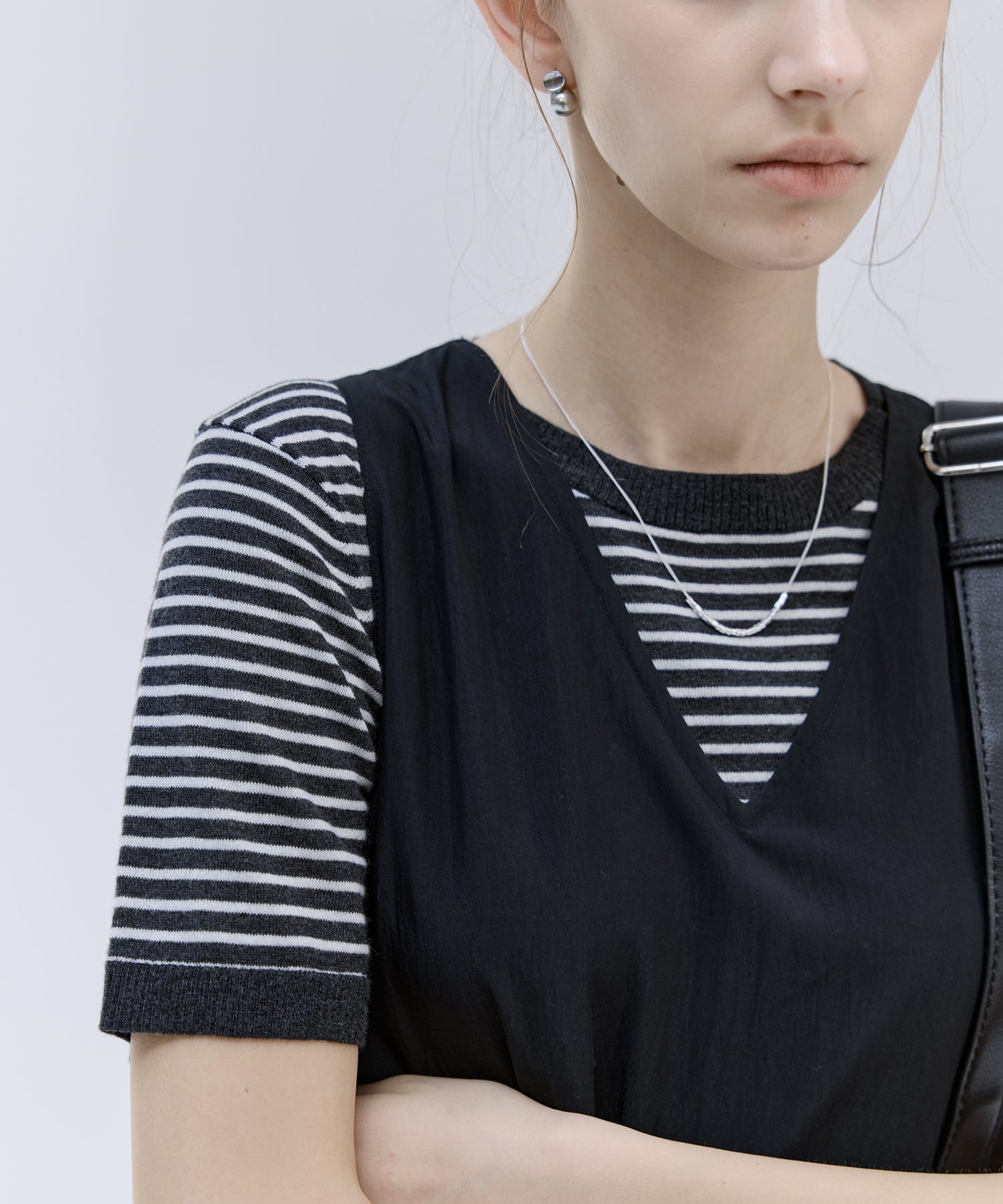 Mixed-Material Gathered V-Neck Flare Dress