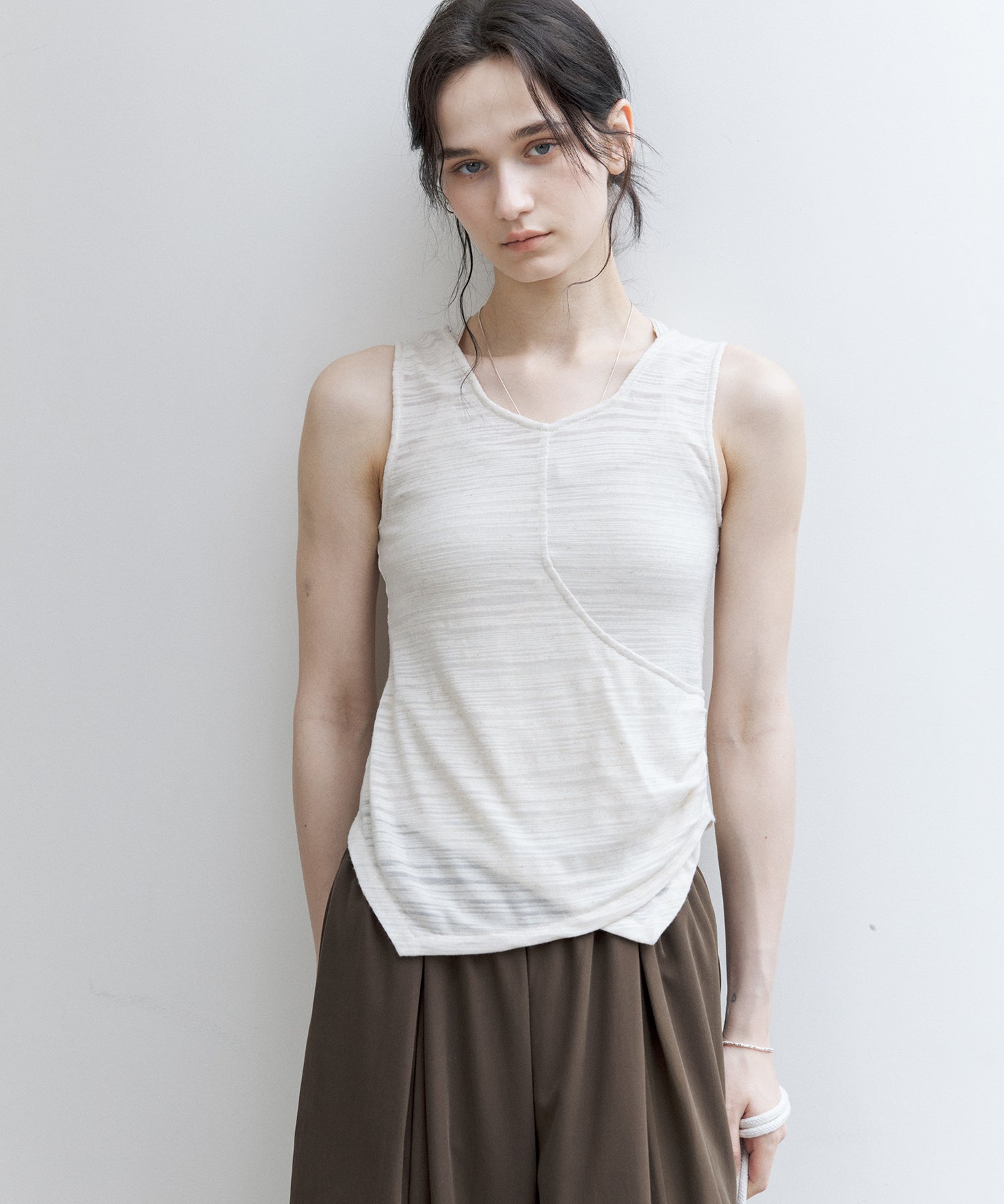 Asymmetric Gather Linen Blend Tank Top