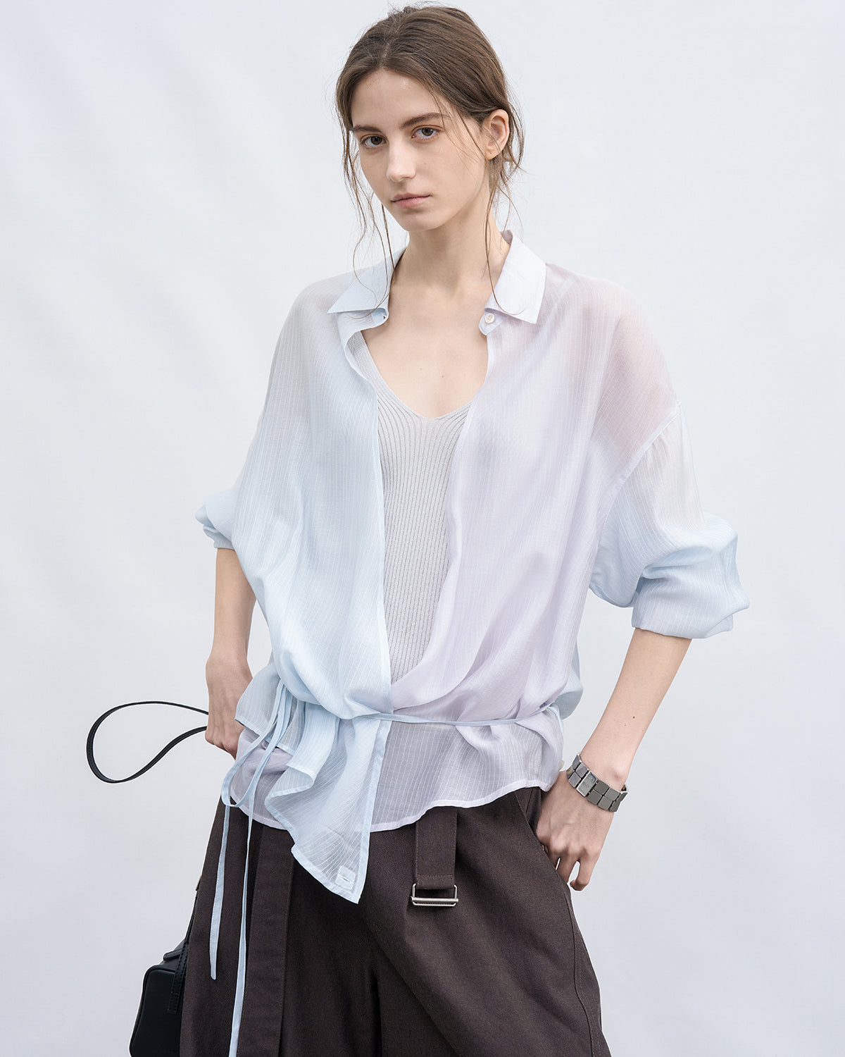Bi-color Asymmetric Neck Sheer Shirt