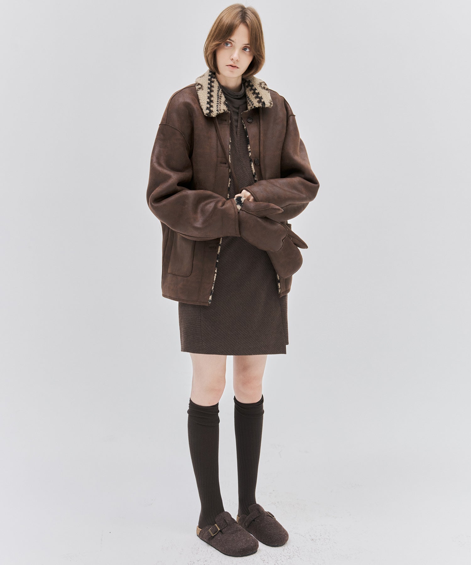 Fair Isle Faux Shearling Jacket with Gloves