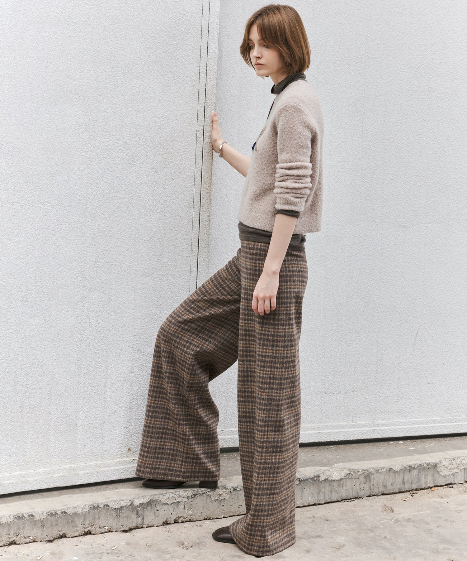 Wool Blend Yarn-Dyed Vintage Check Brushed Wide-Leg Pants