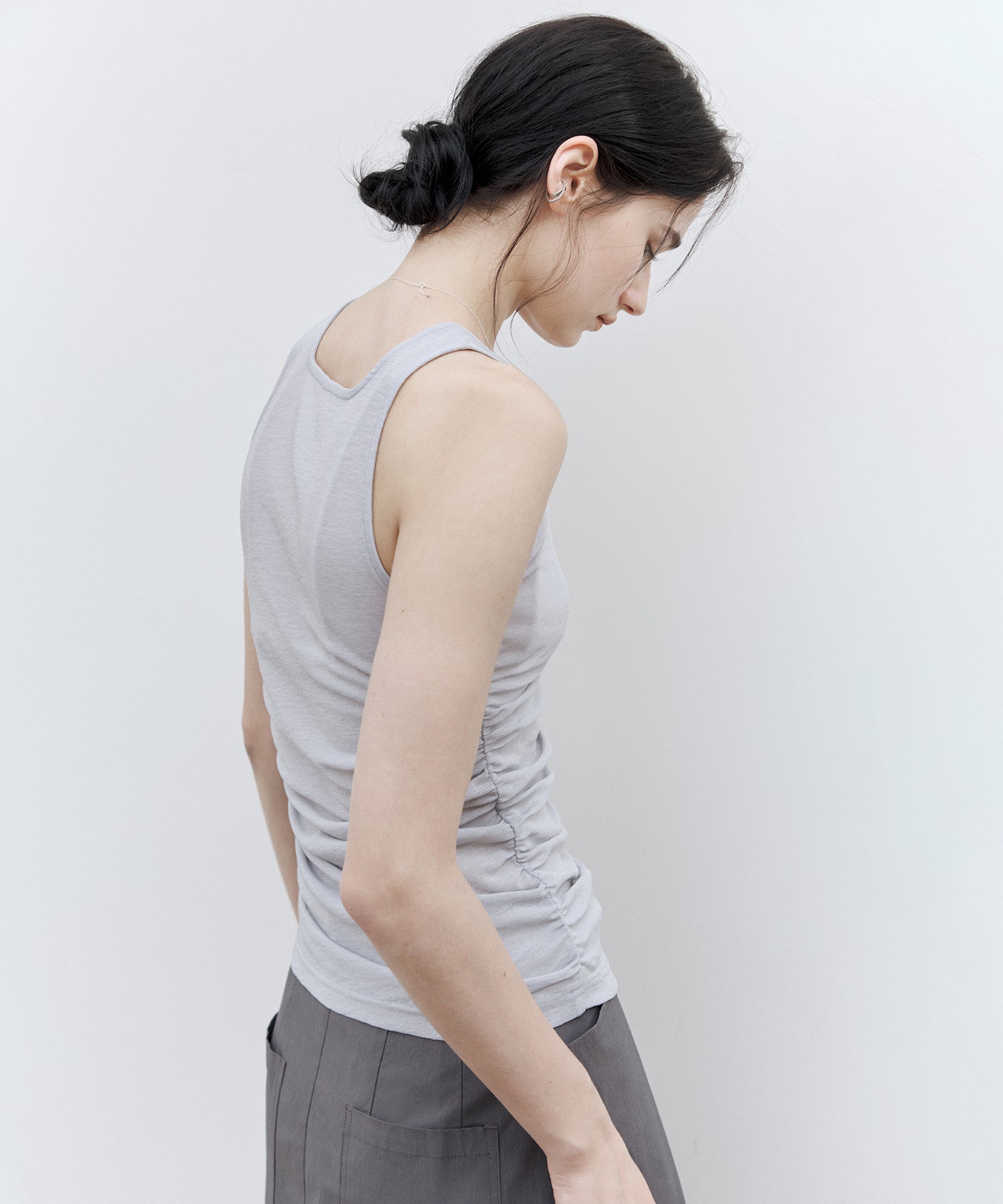 Asymmetric Gather Sheer Sleeveless Top