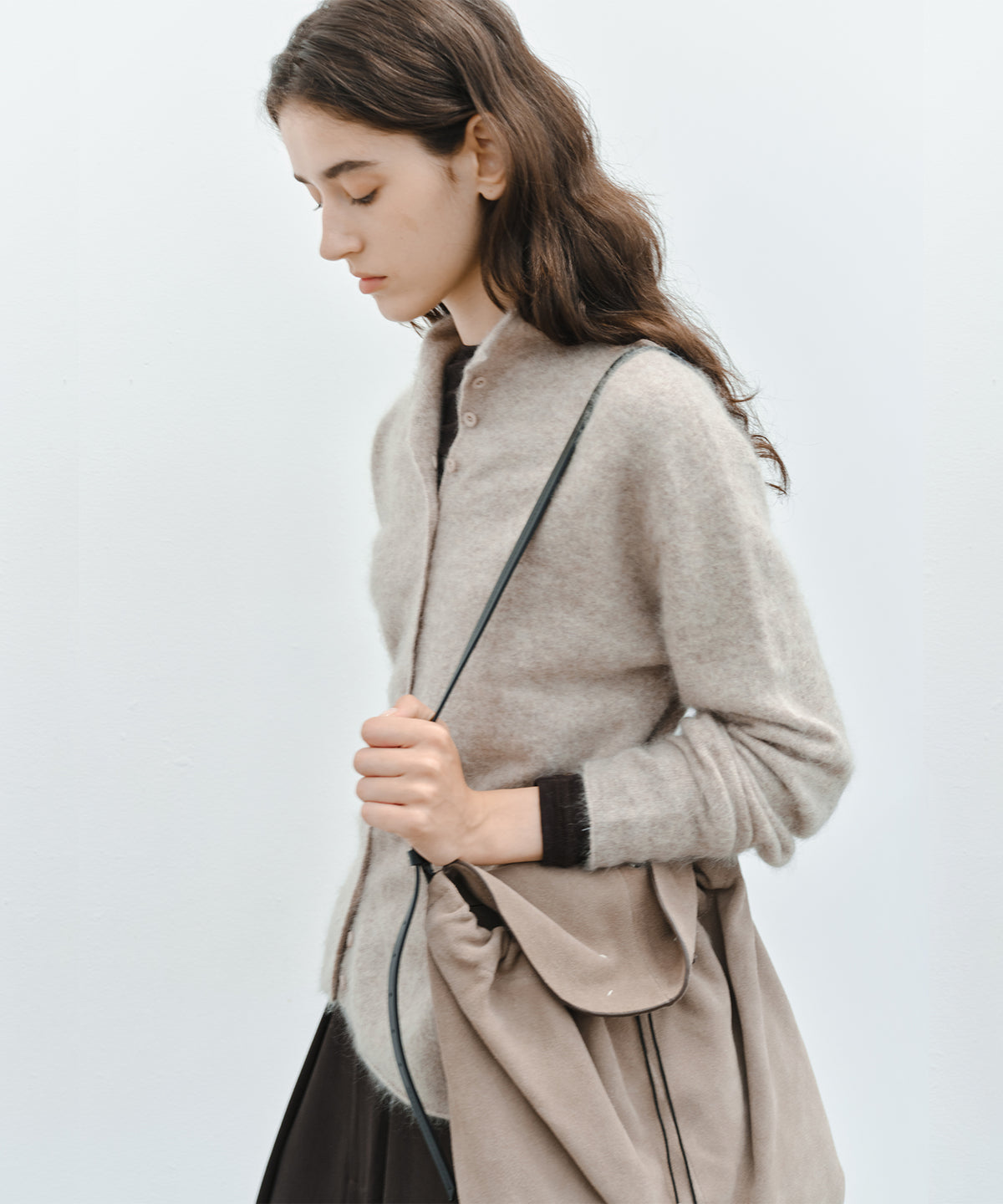 Brushed Cashmere-Blend High Neck Knit Cardigan