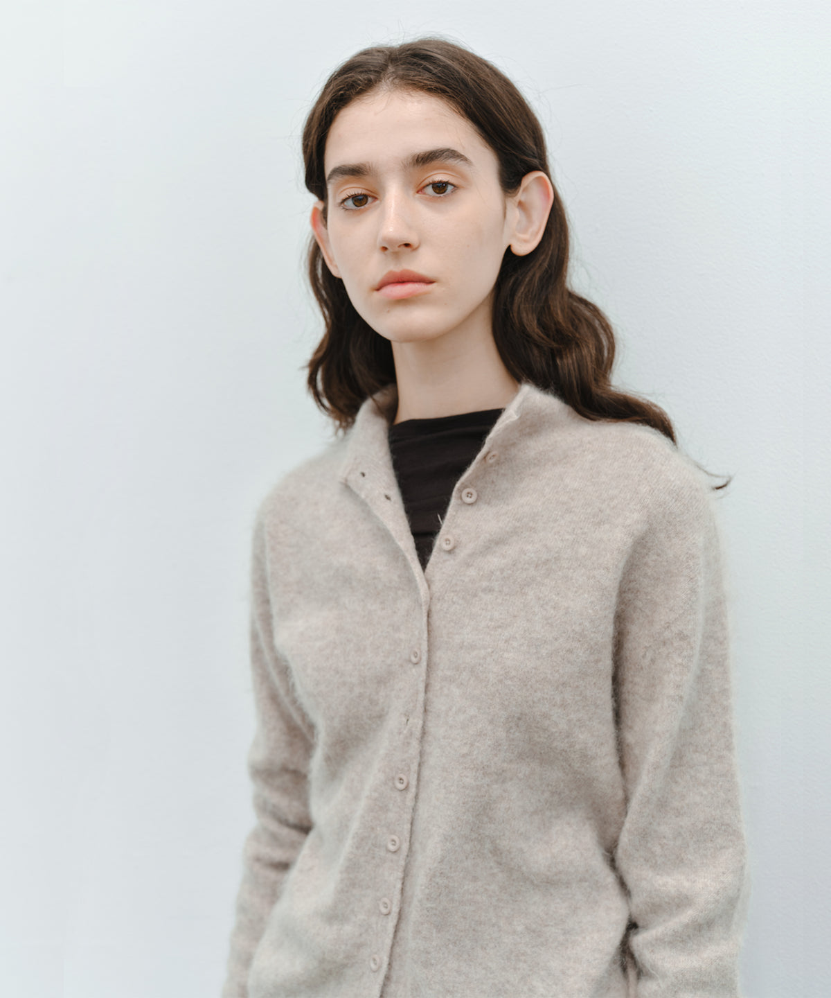Brushed Cashmere-Blend High Neck Knit Cardigan
