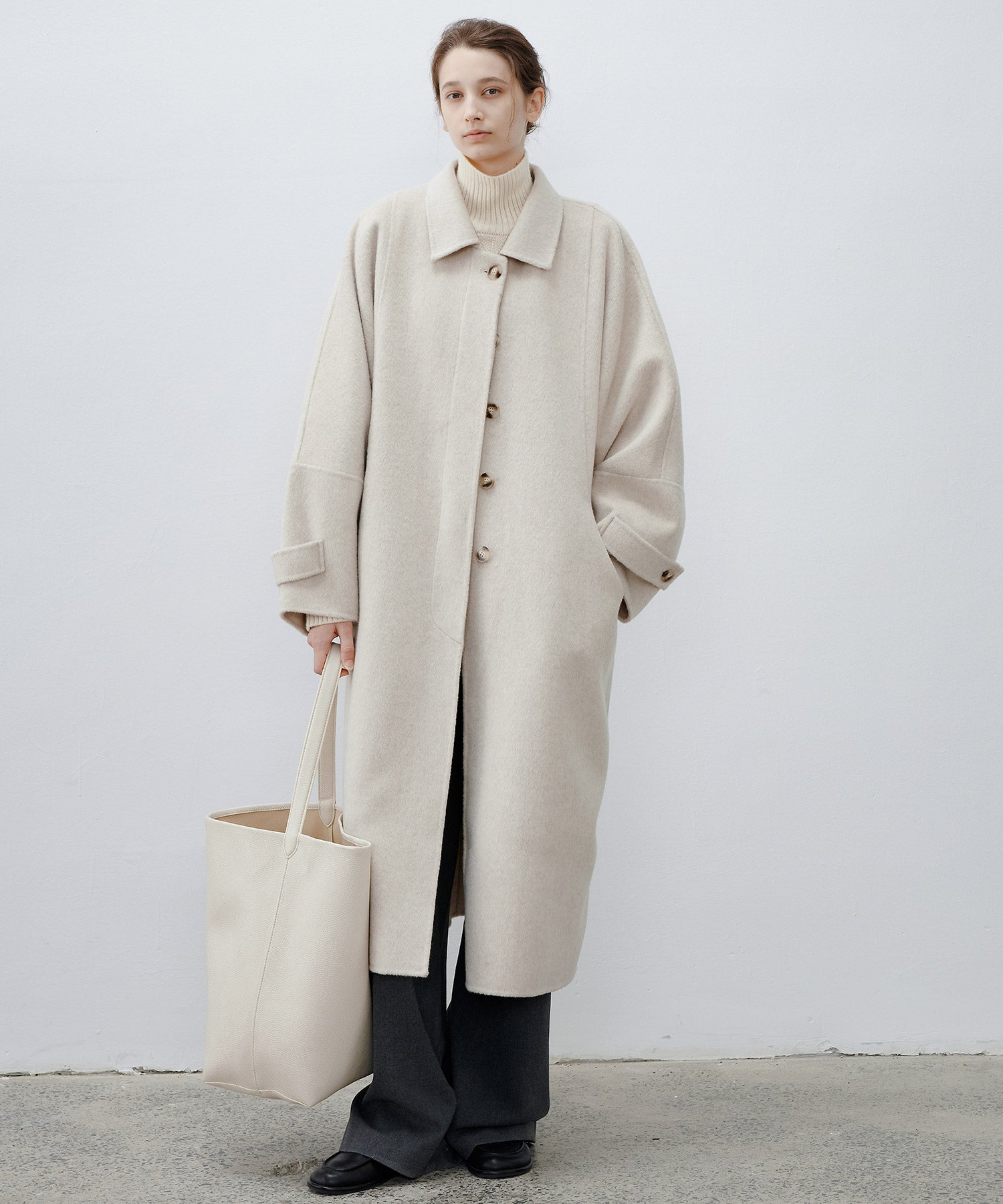 Double-Face Wool Cocoon Coat with Batwing Sleeves