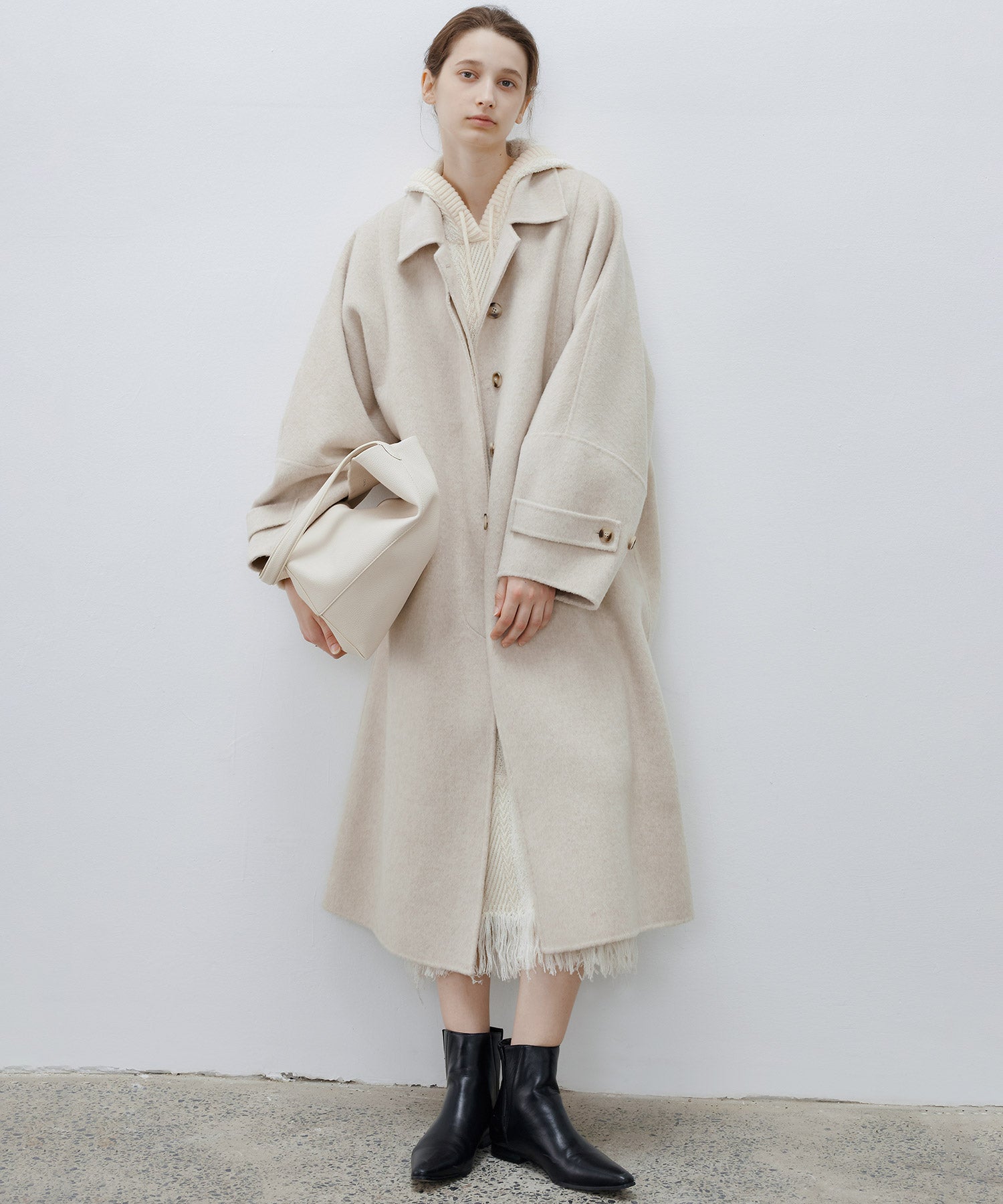 Double-Face Wool Cocoon Coat with Batwing Sleeves