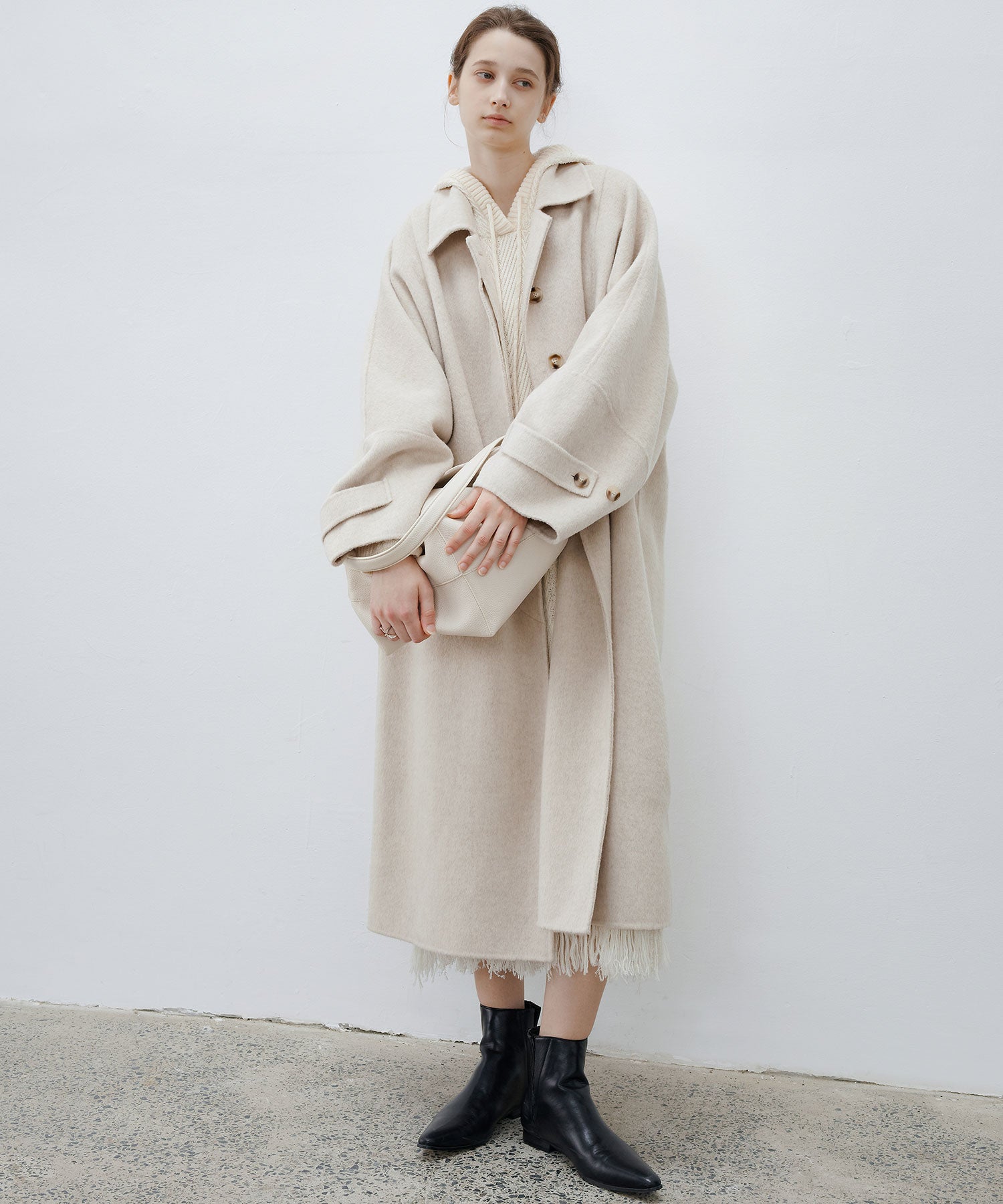 Double-Face Wool Cocoon Coat with Batwing Sleeves