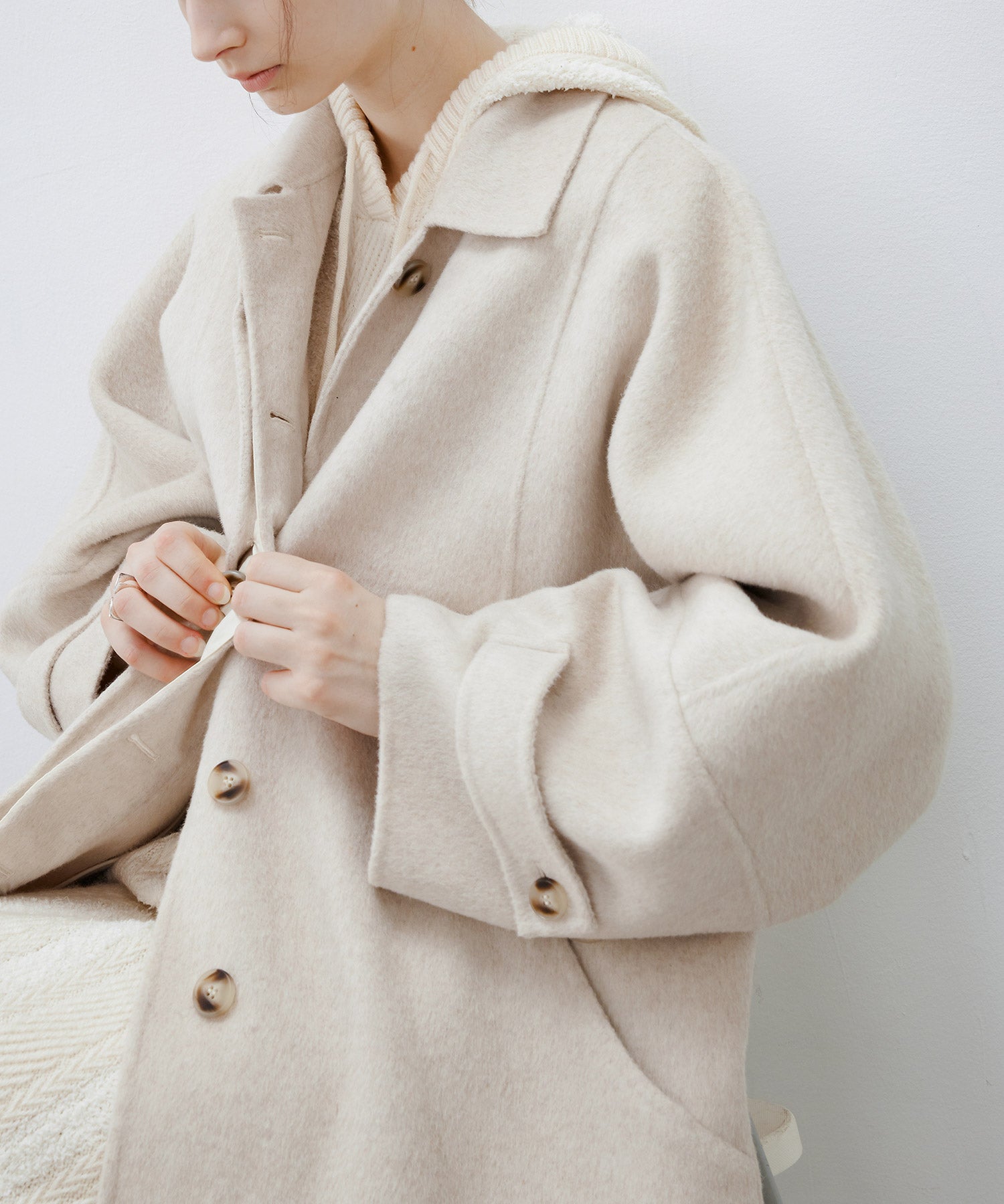 Double-Face Wool Cocoon Coat with Batwing Sleeves