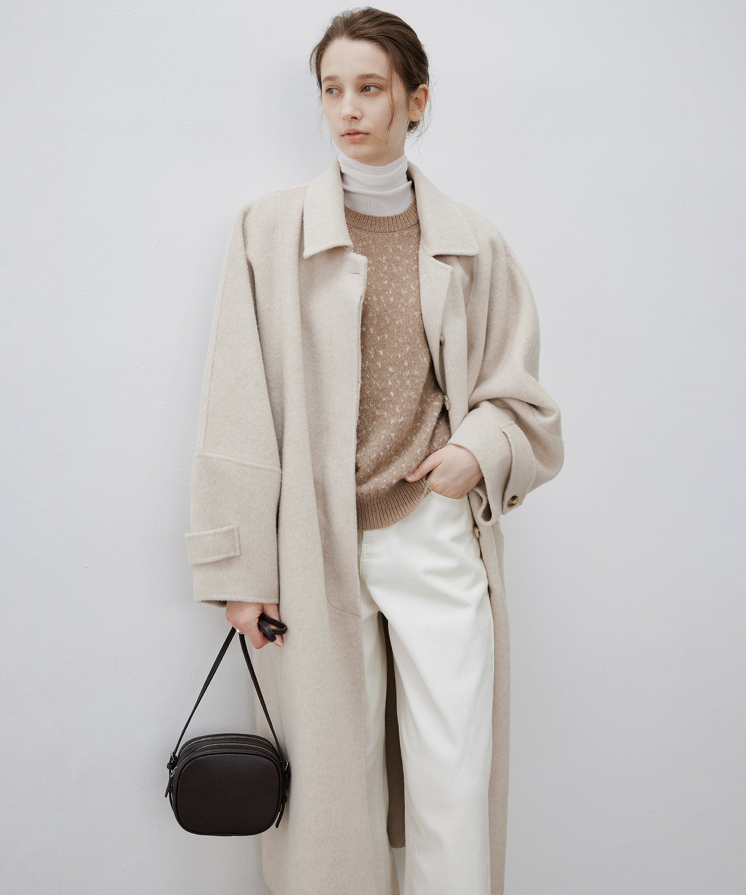 Double-Face Wool Cocoon Coat with Batwing Sleeves