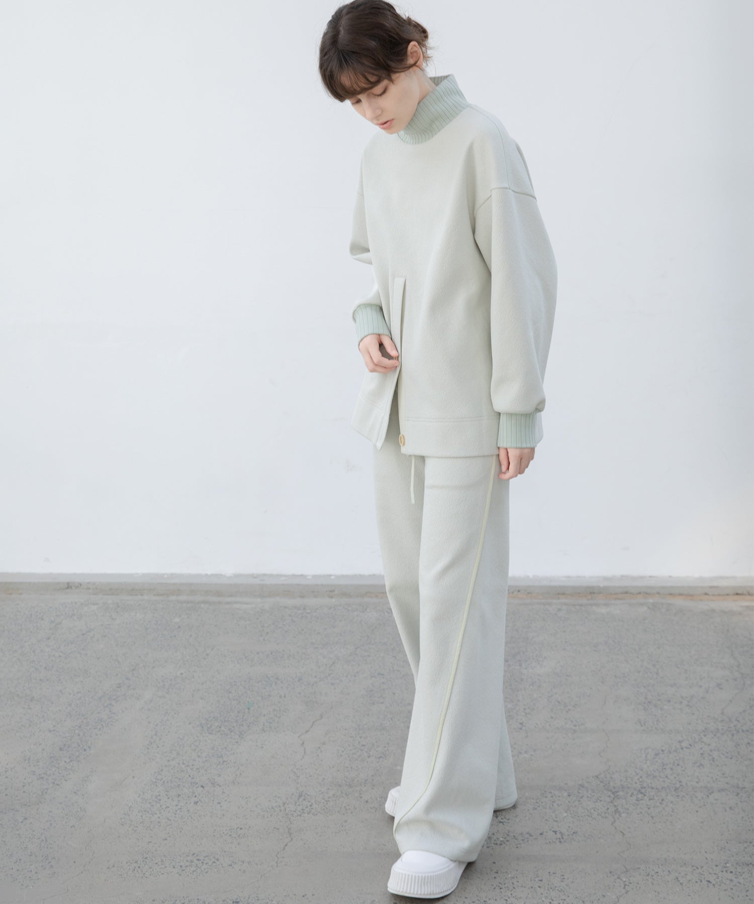 Front Slit High-Neck Jacquard Cut Top