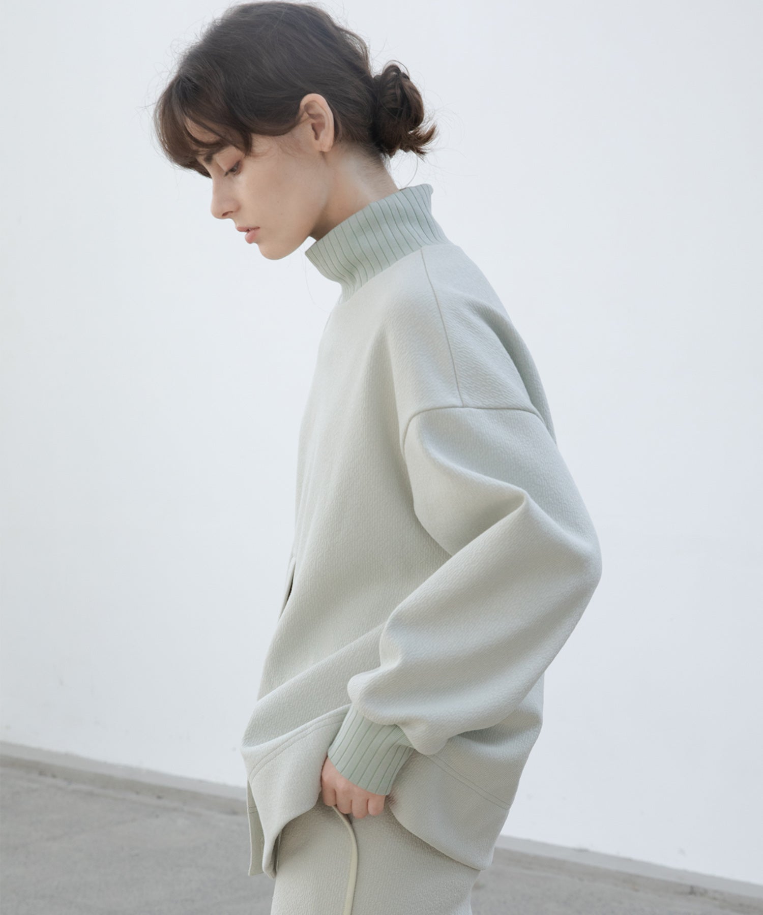 Front Slit High-Neck Jacquard Cut Top