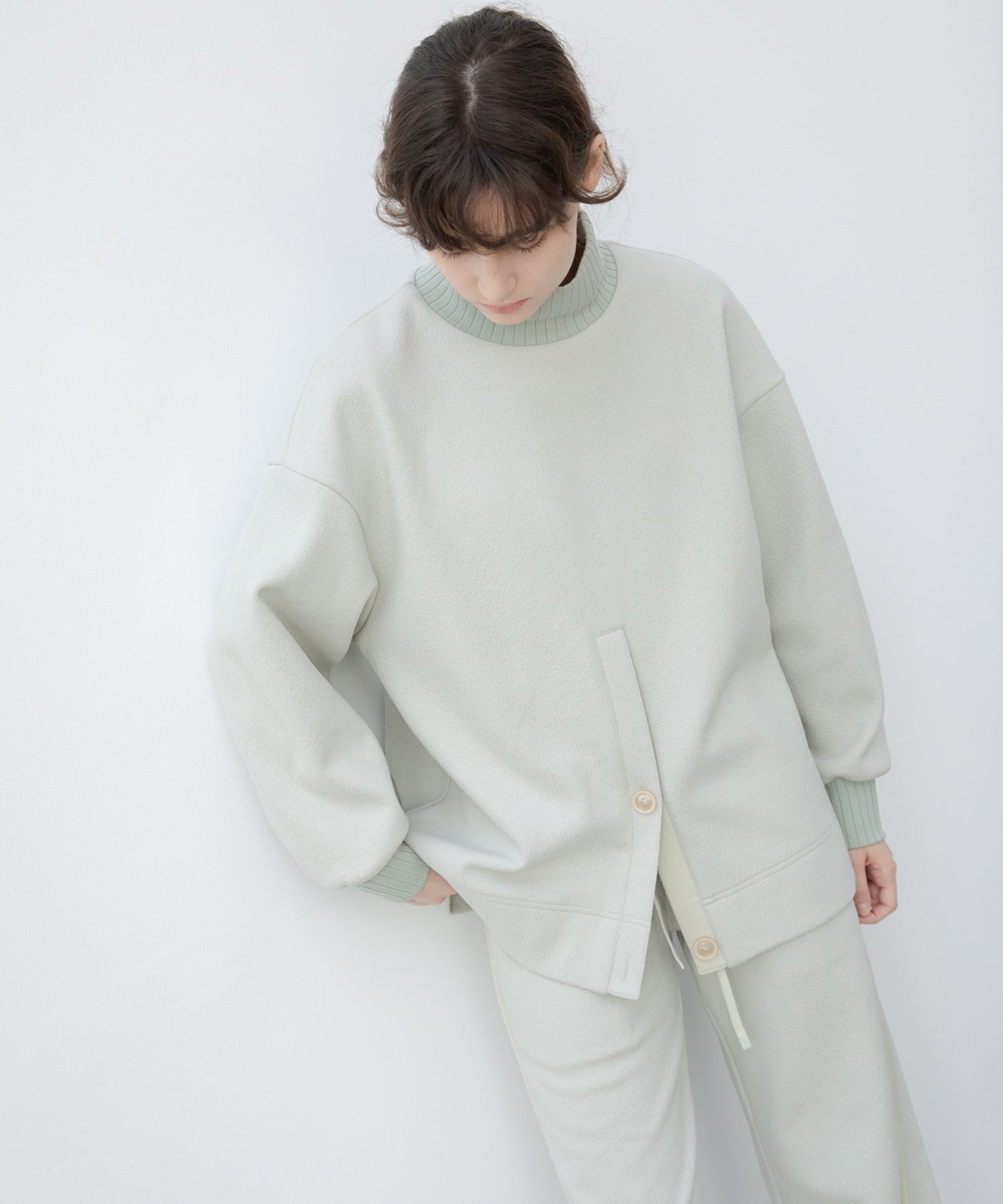 Front Slit High-Neck Jacquard Cut Top