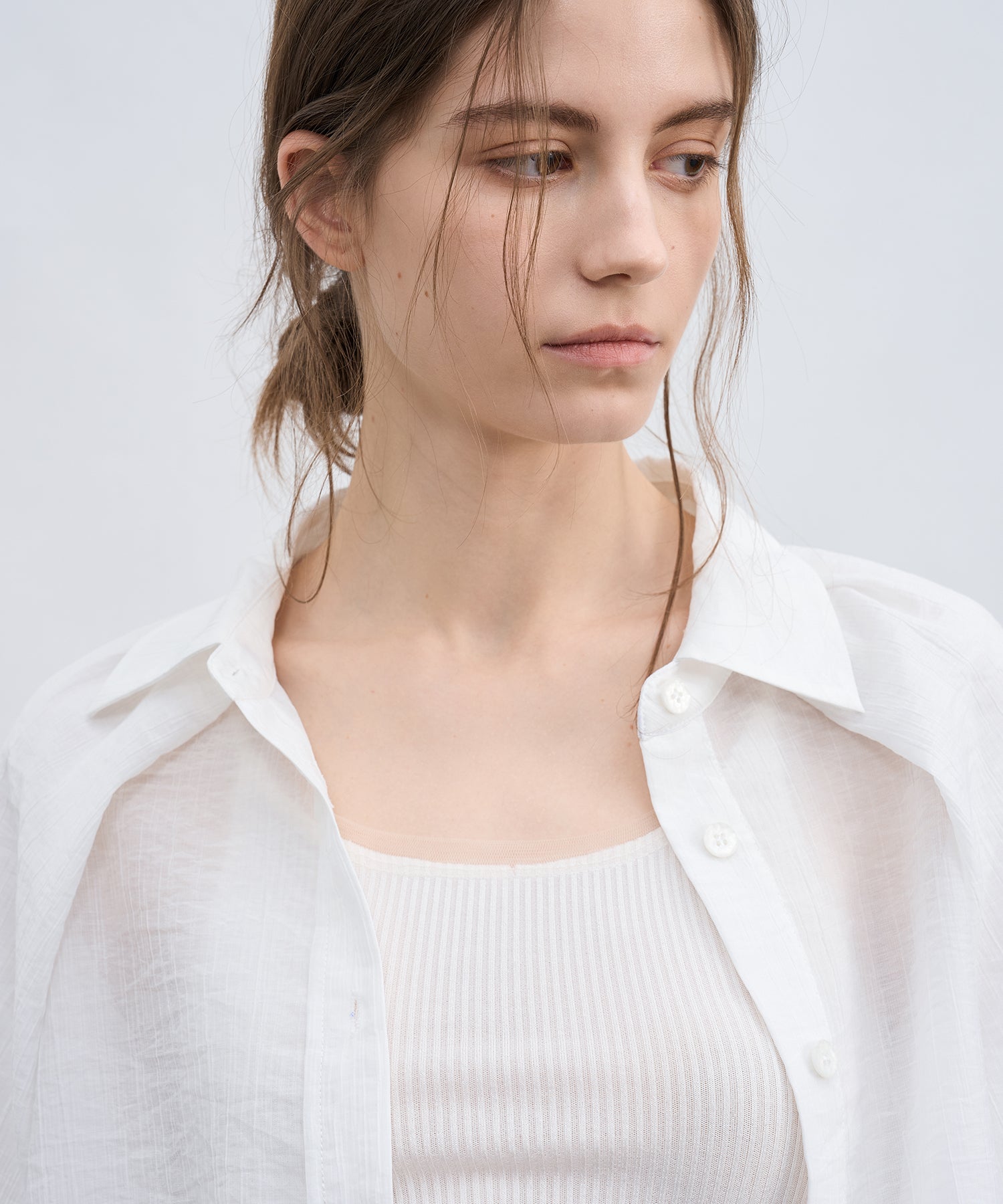 「7月上旬~中旬出荷」Sheer Stripe Balloon Sleeve Cropped Shirt