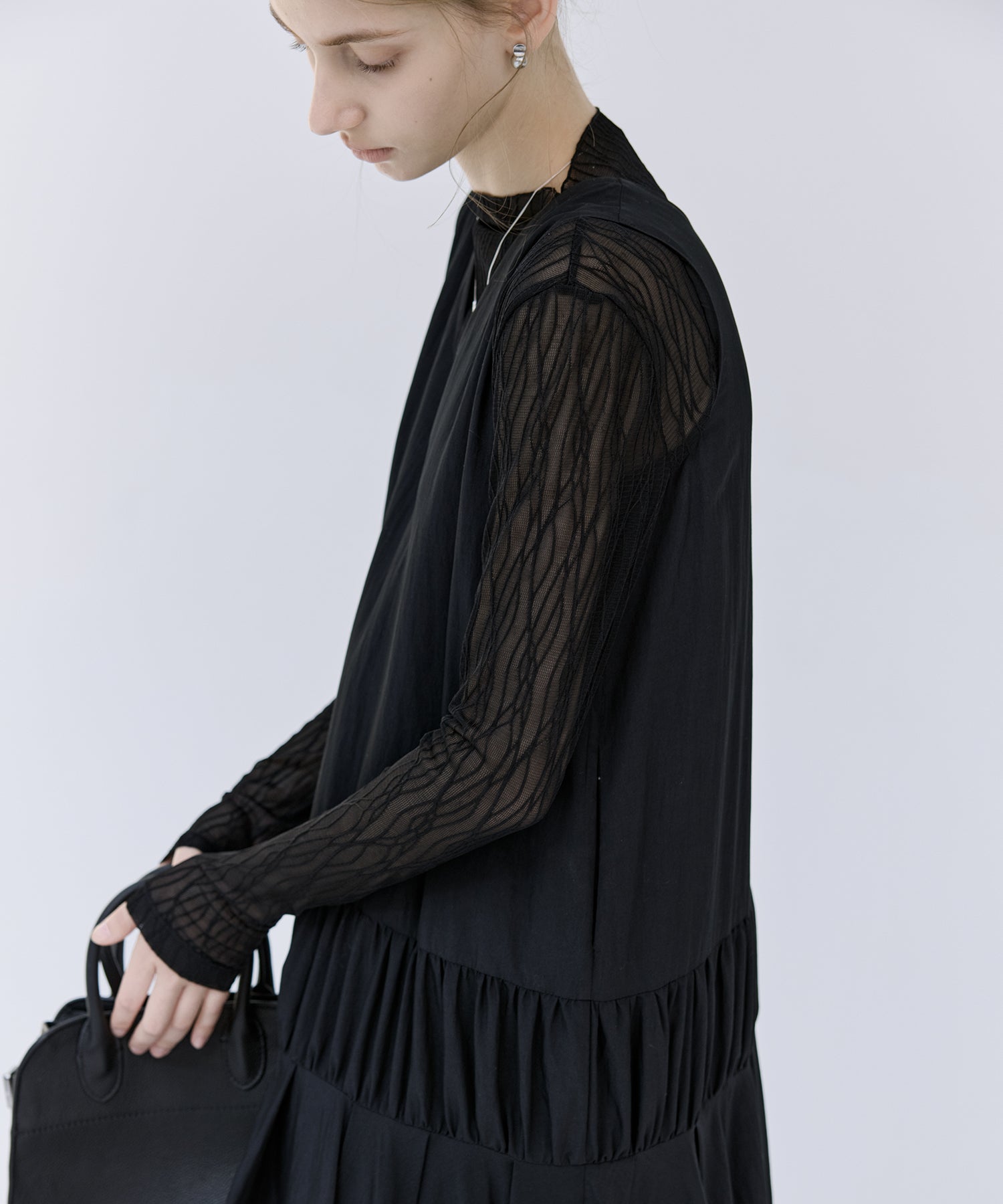 Mixed-Material Gathered V-Neck Flare Dress