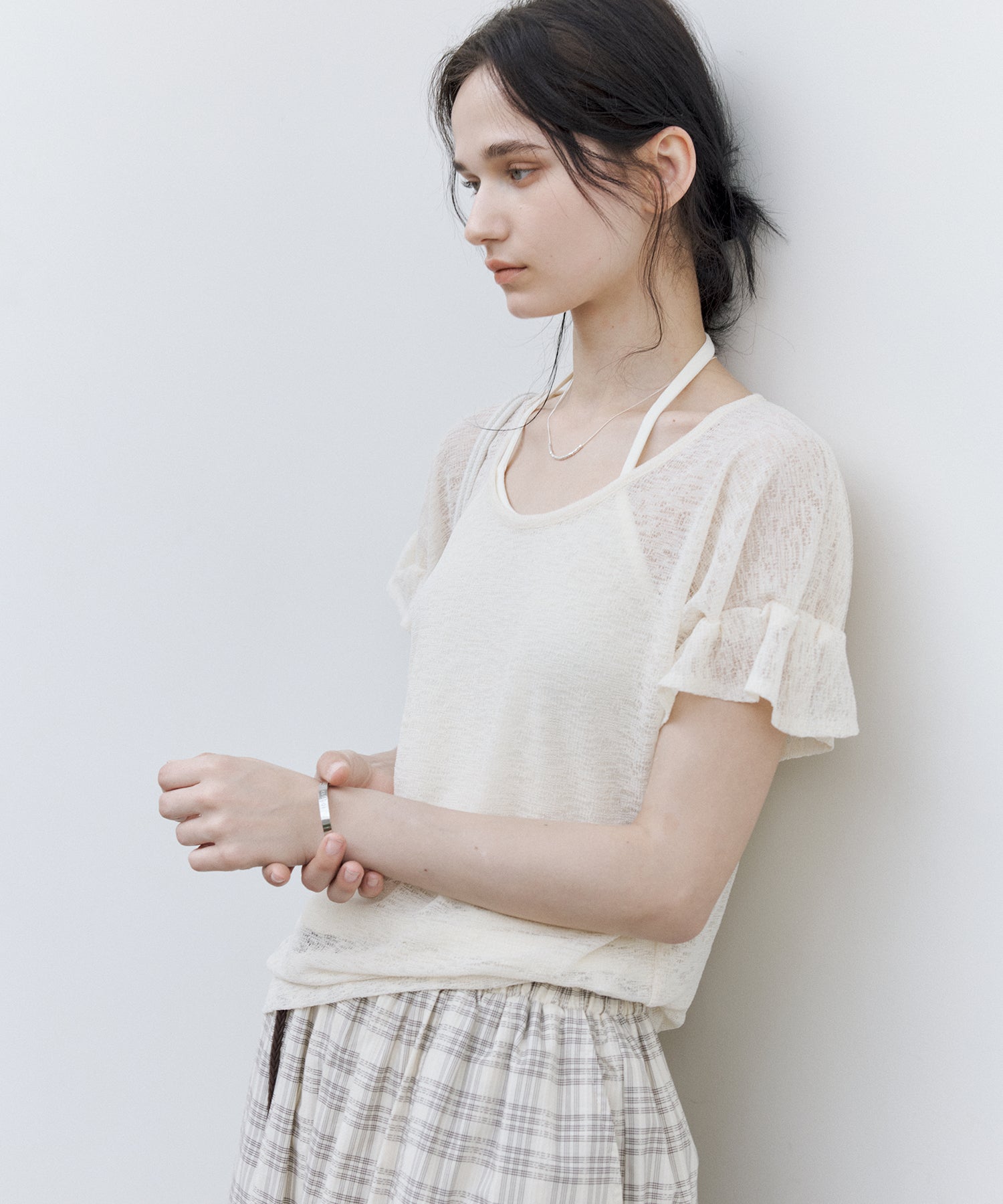 Sheer Gathered Sleeve T-Shirt