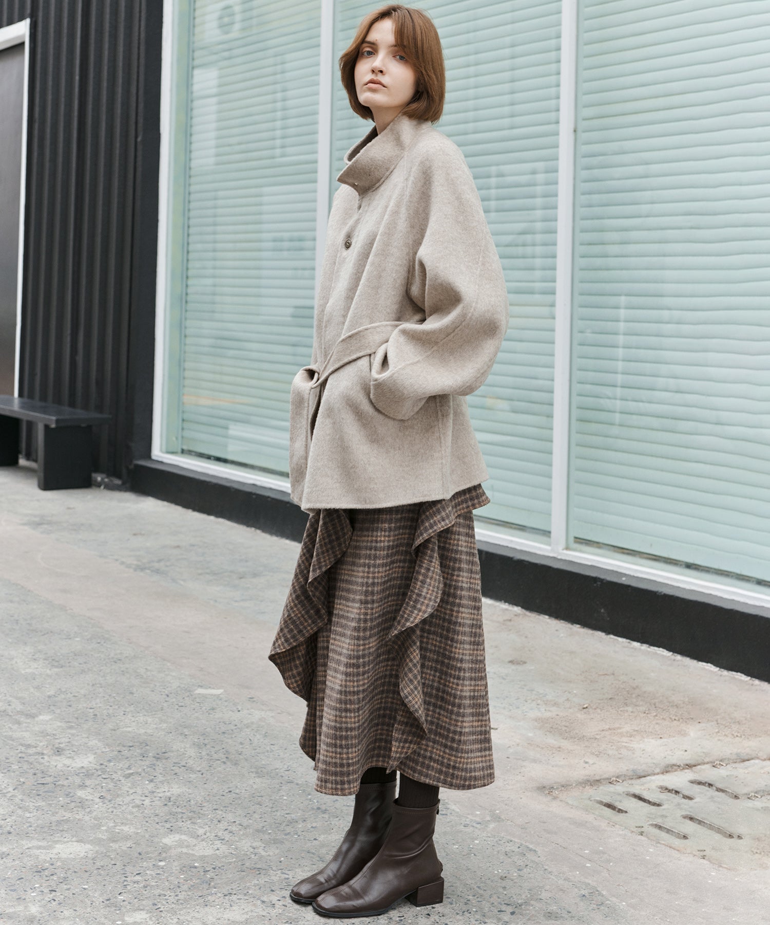 Wool Blend Irregular Flake Detail Yarn-Dyed Vintage Check Brushed A-Line Midi Skirt