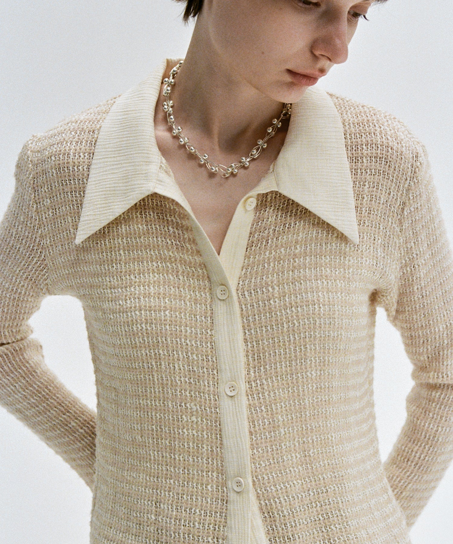 Two-Tone Openwork Knit Shirt Blouse
