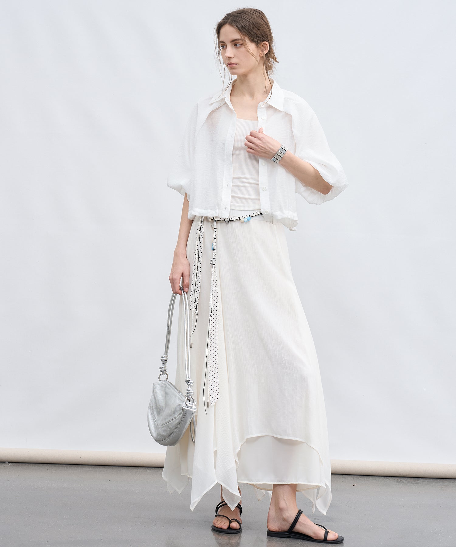 「7月上旬~中旬出荷」Sheer Stripe Balloon Sleeve Cropped Shirt