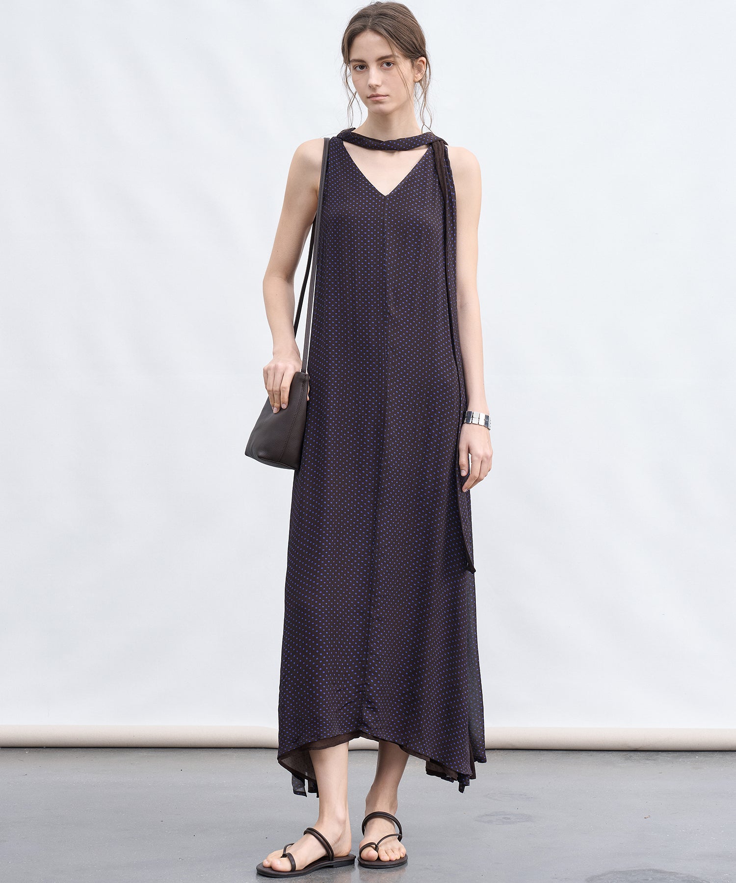 Dot Scarf Detail V-Neck Dress