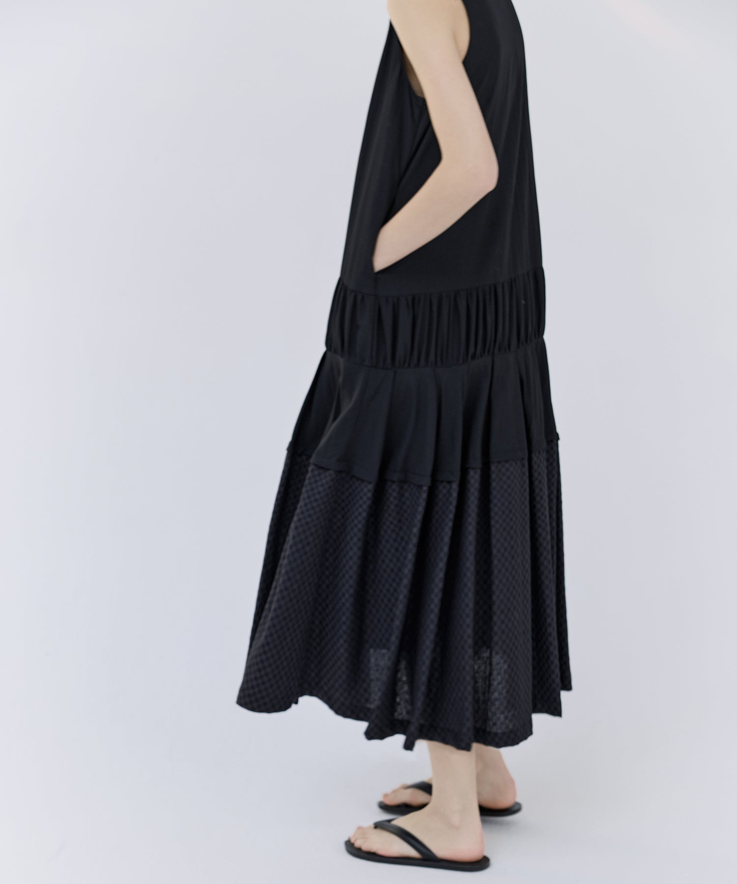 Mixed-Material Gathered V-Neck Flare Dress