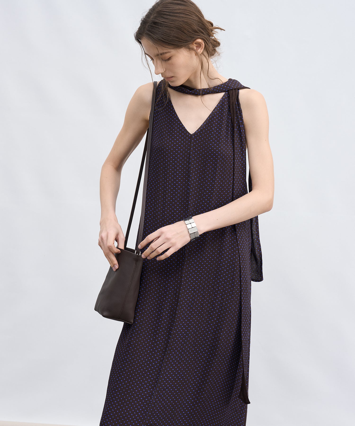 Dot Scarf Detail V-Neck Dress