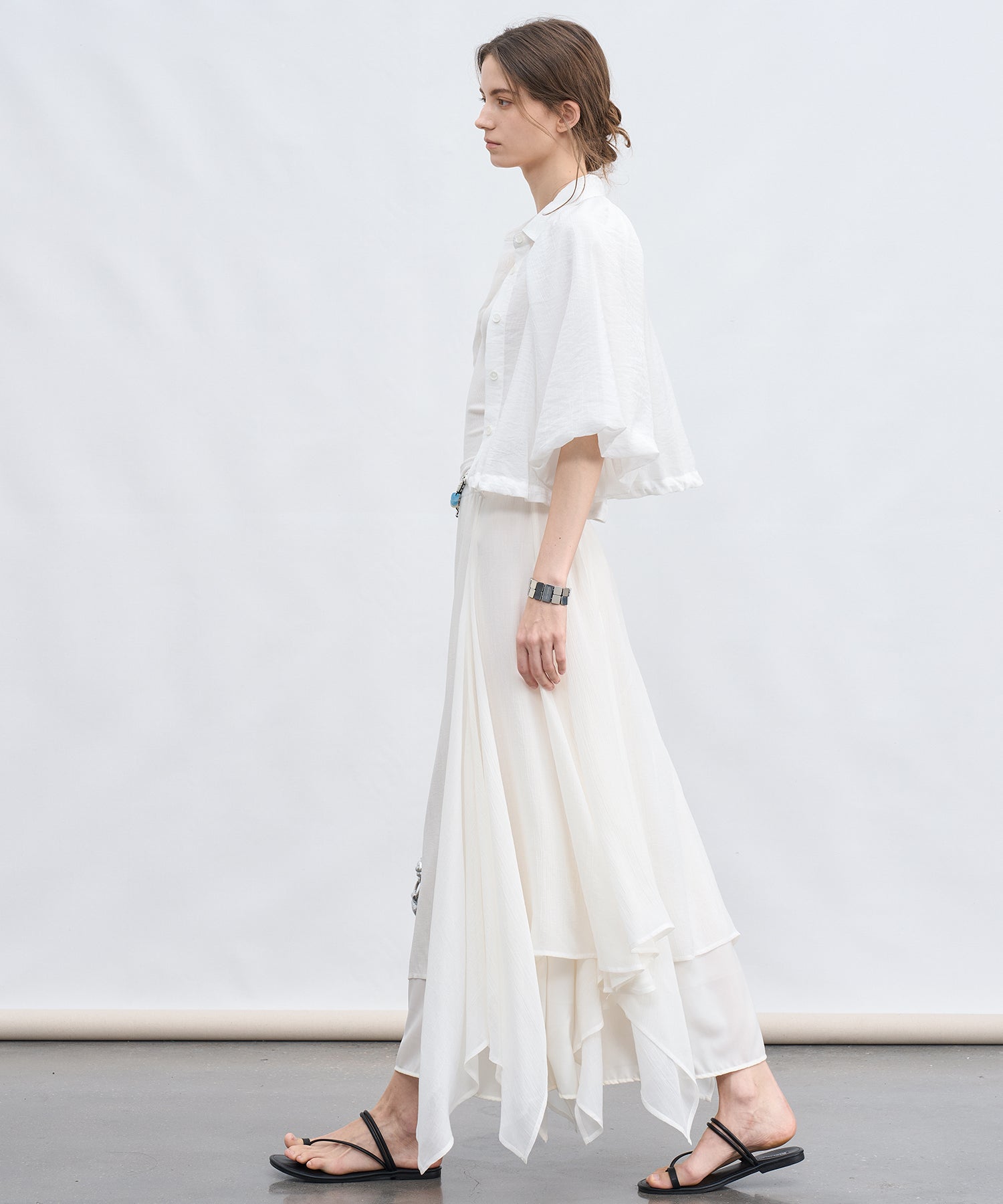 「7月上旬~中旬出荷」Sheer Stripe Balloon Sleeve Cropped Shirt