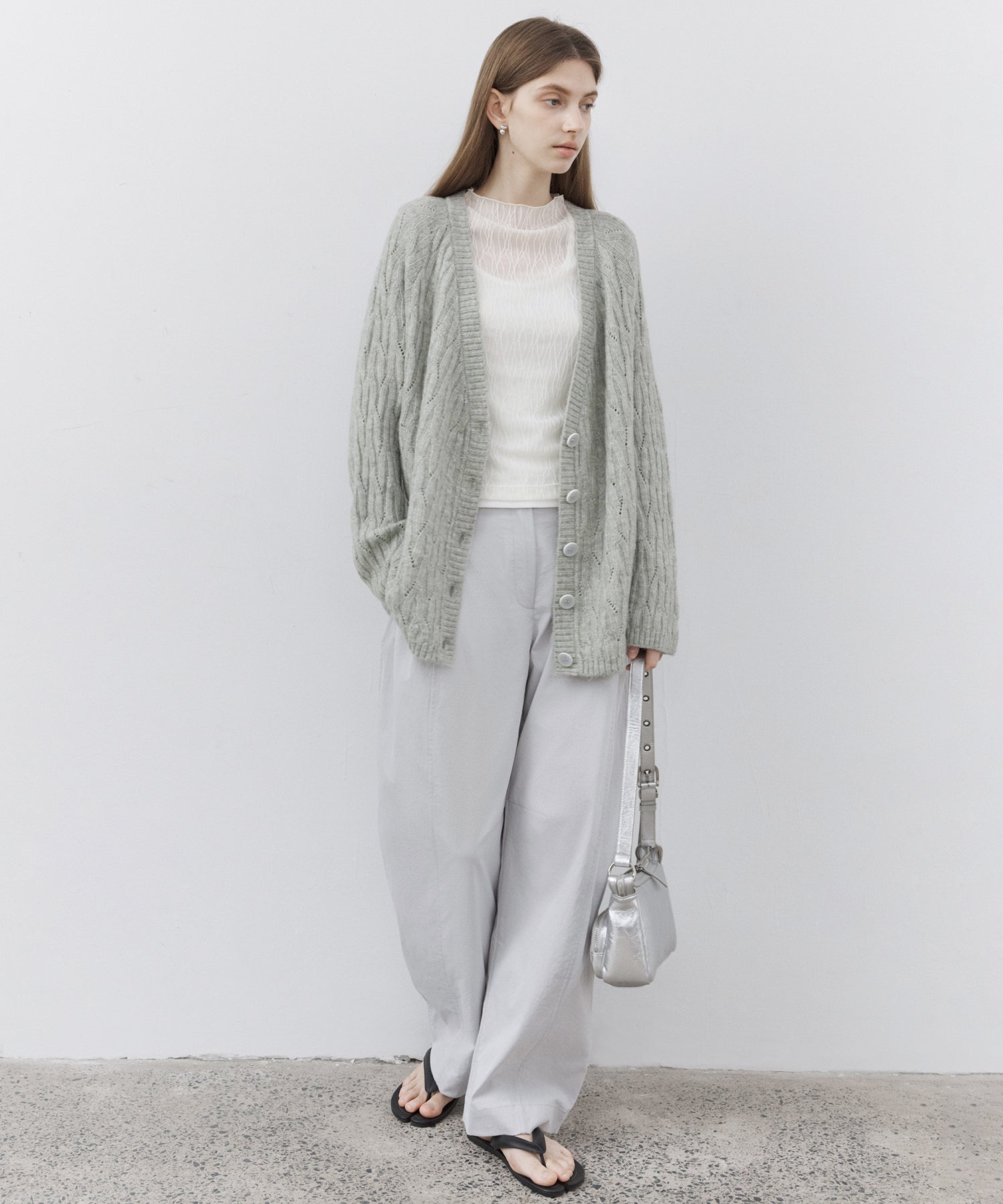 Sheer Jacquard High-Neck Long Sleeve Top