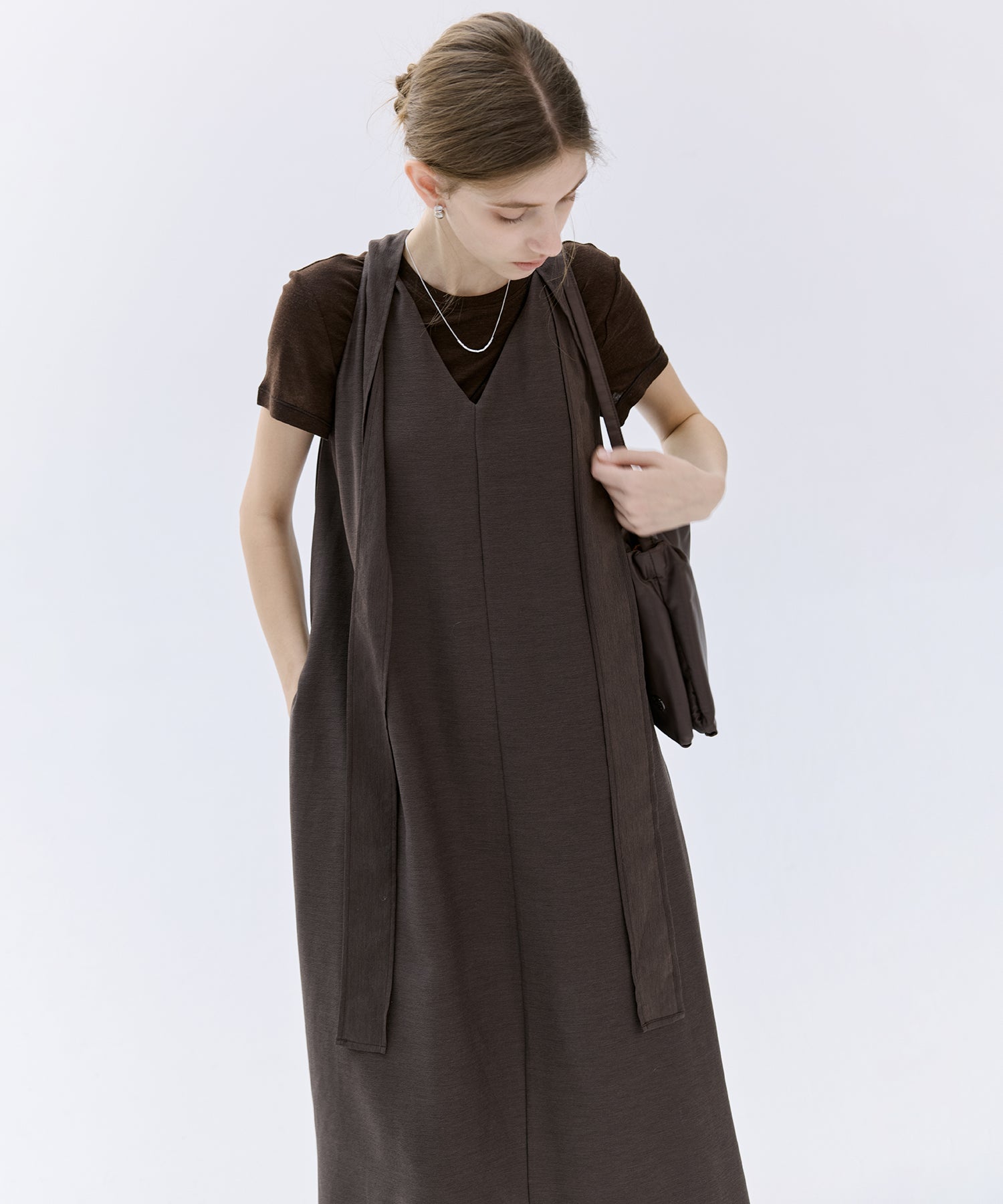 Acetate-Blend V-Neck Ribbon Detail Sleeveless Dress