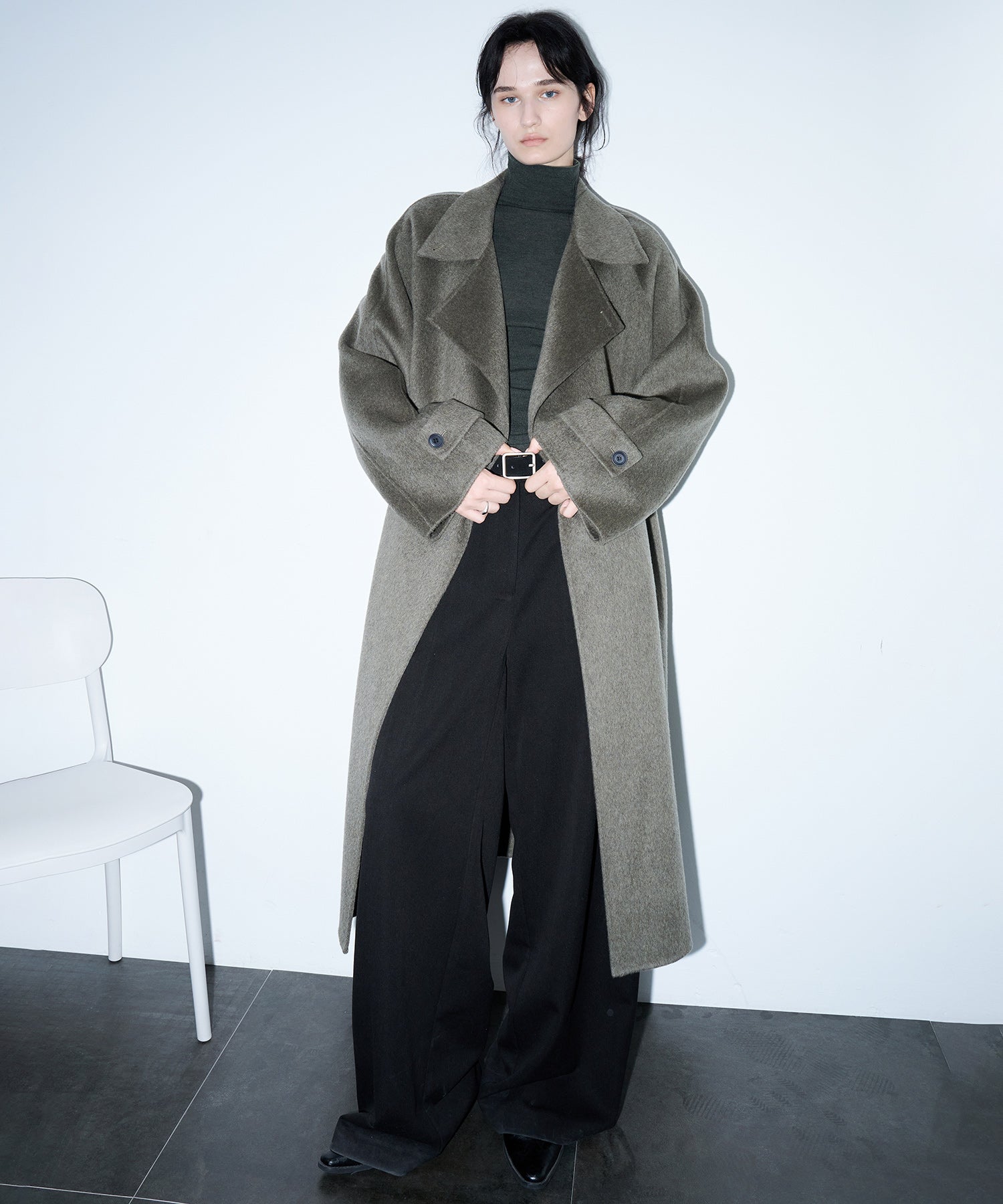 100% Wool Double-Face Trench Collar Oversized Silhouette Long Coat