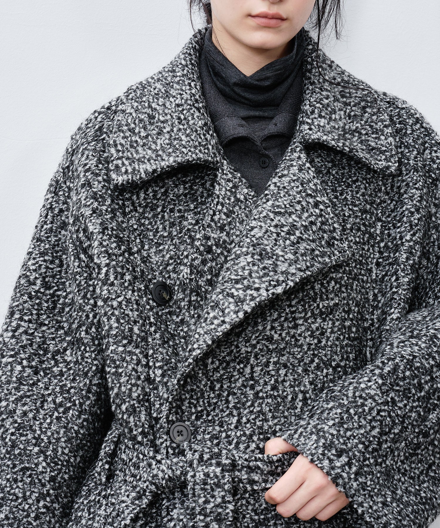 Mixed-Color Bouclé Wool Lapel Long Coat