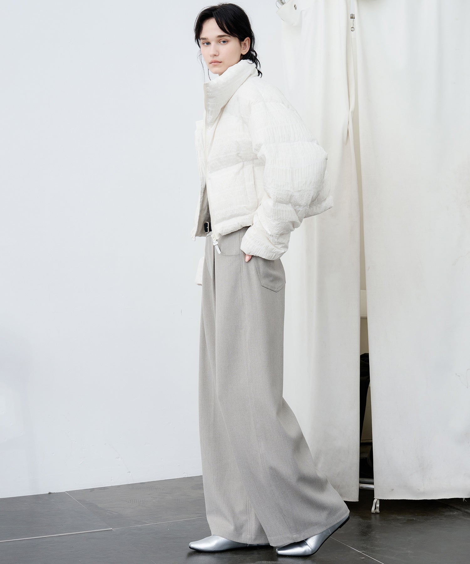 Textured Low-Rise Wide Straight Curved Pants