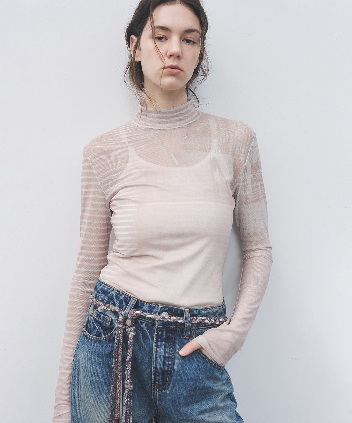 Digital Art Mesh Top – Sheer Mock Neck Fitted Layer