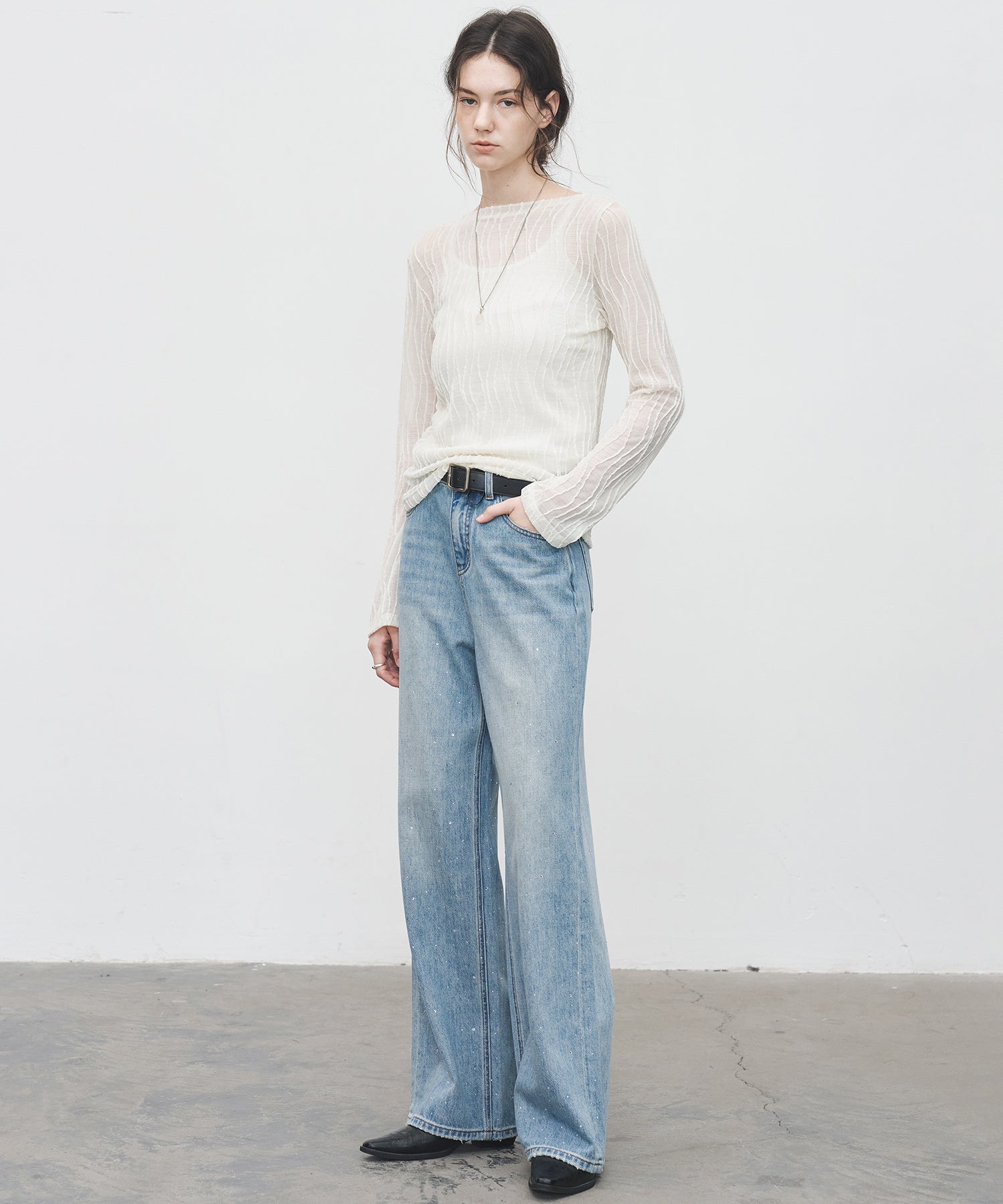 Jacquard Mesh Boat Neck Top – Sheer Long Sleeve Tee